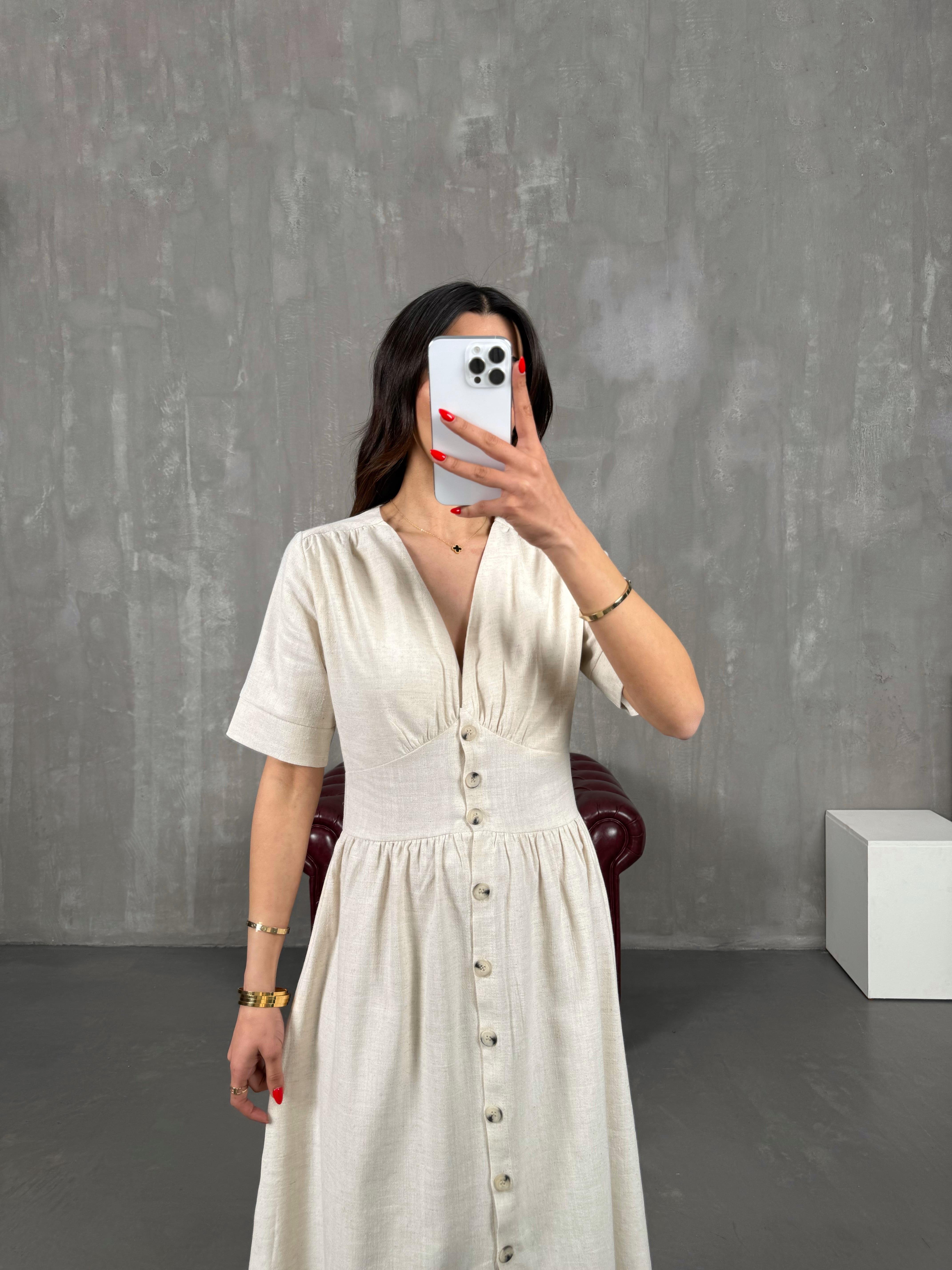 Taş V Yaka Düğmeli Keten Elbise Gaus00169GausELBİSEGU1001392