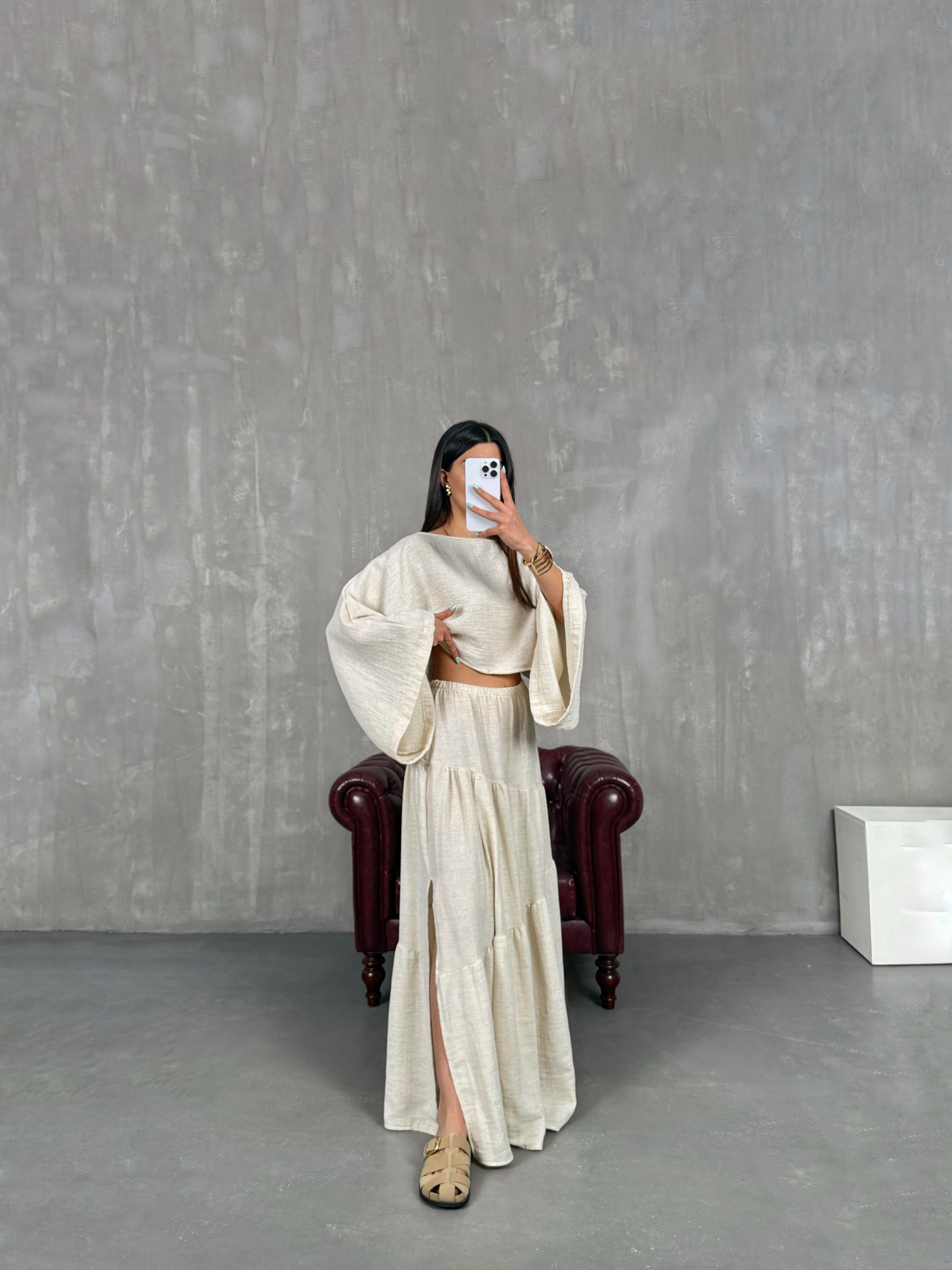 Taş Beli Lastikli Yırtmaçlı Etek Salaş İkili Keten Takım Gaus00249GausTAKIMGU1001575