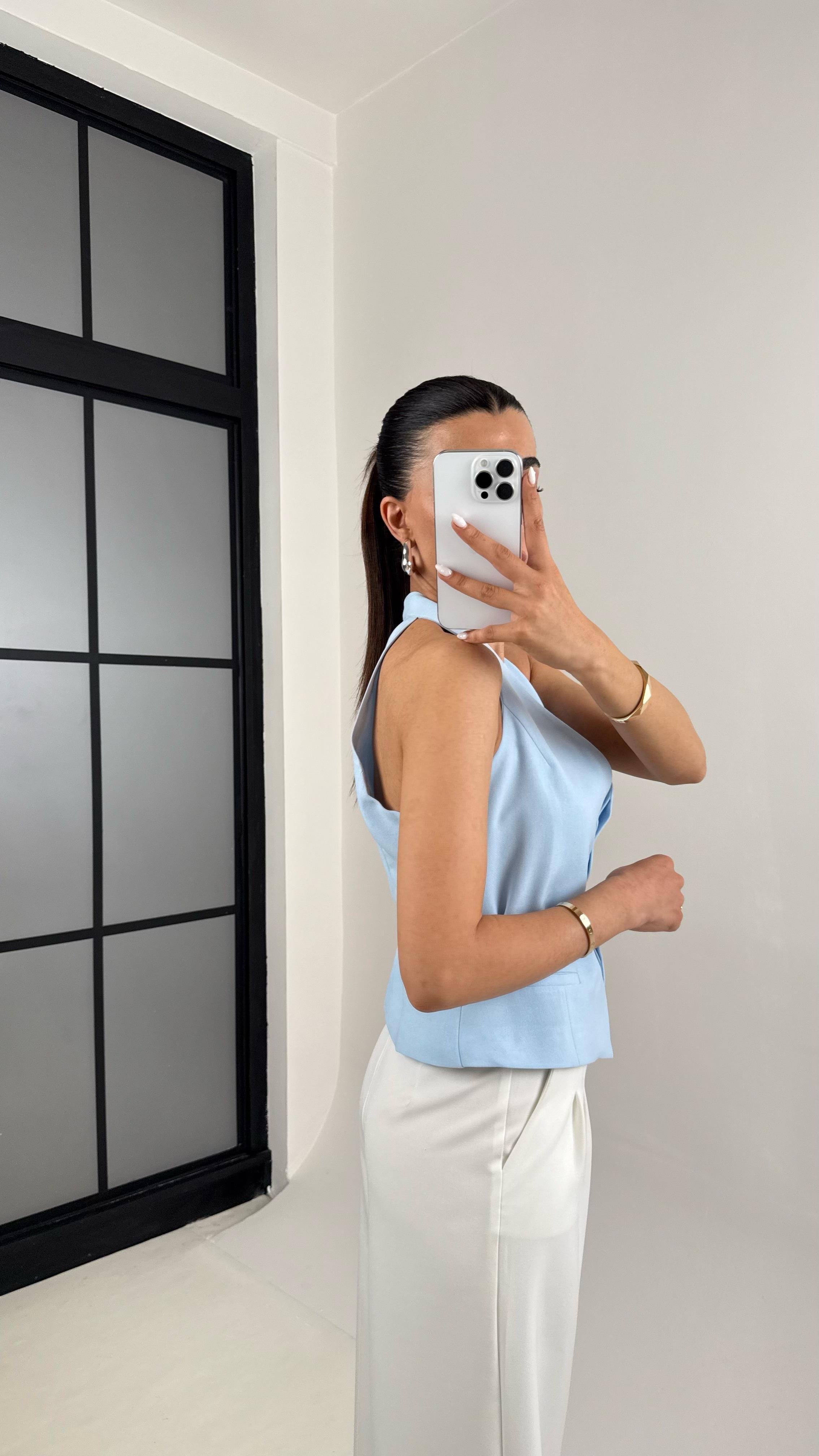 Mavi Önü Düğmeli Kemerli Tasarım Yelek Gaus00420GausYELEKGU1001985