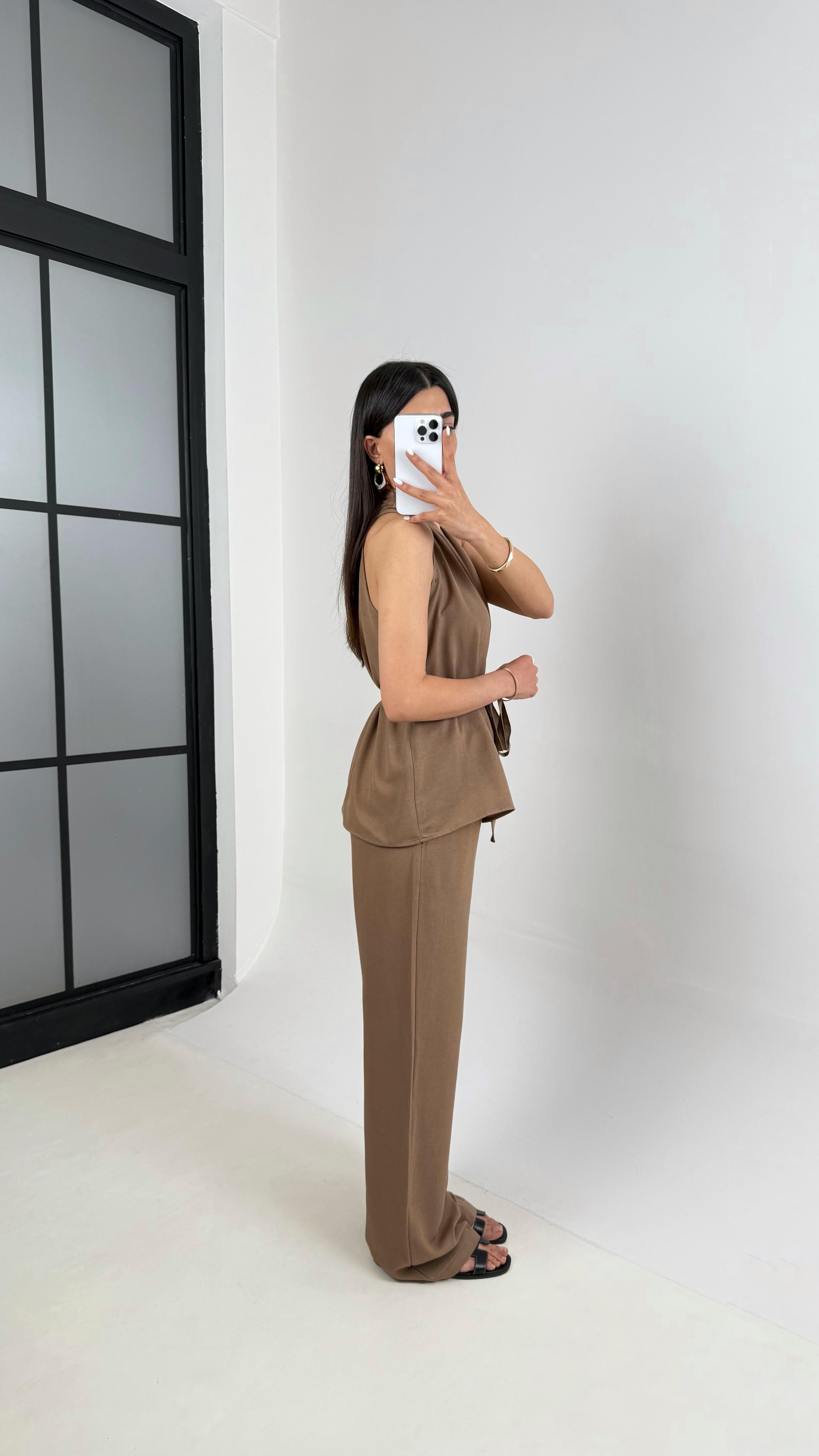 Kahve Önü Bağlamalı Kuşaklı Yelek Beli Lastikli Cepli Pantolon Keten Takım Gaus00410GausTAKIMGU1001958