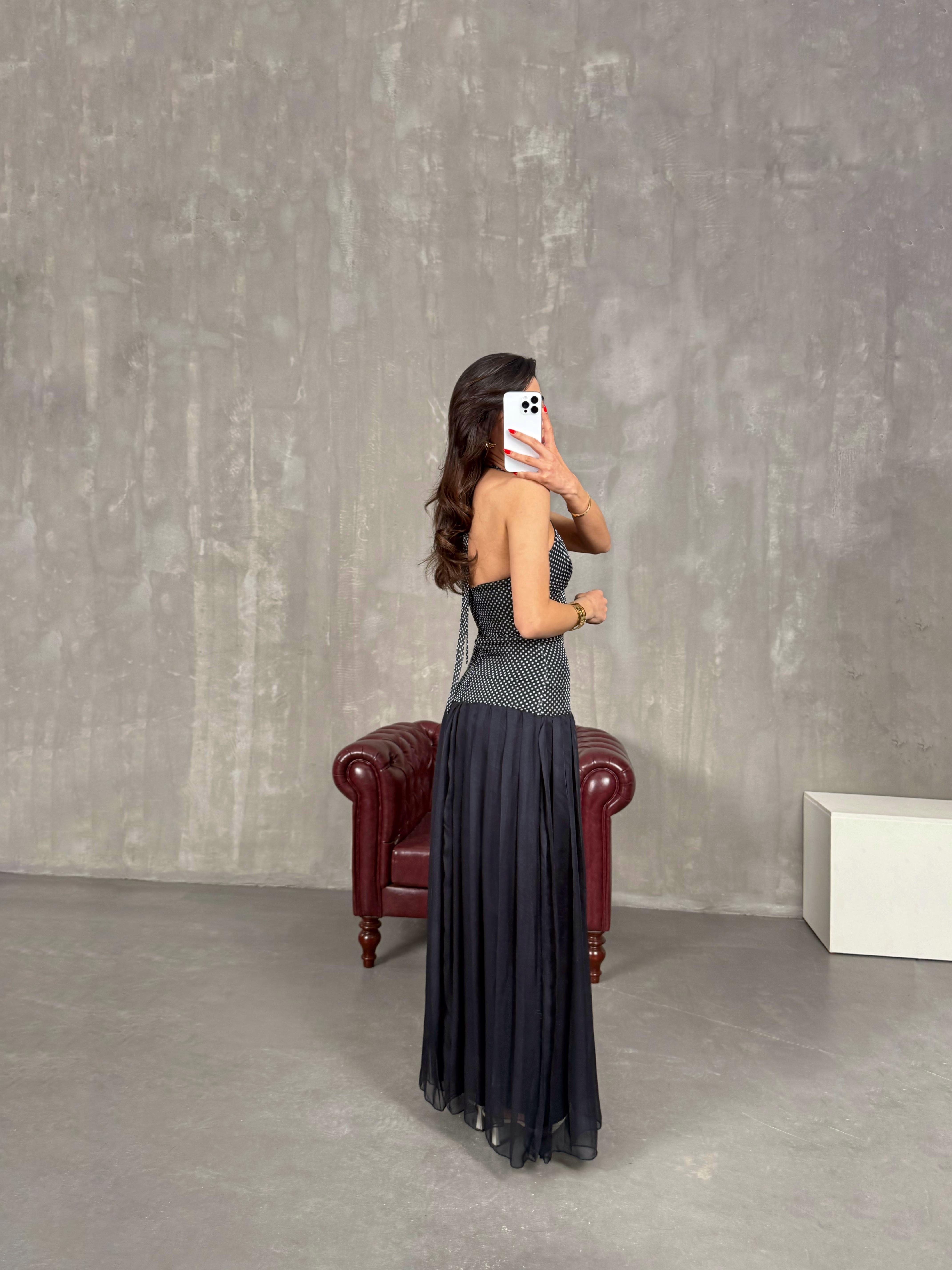 Lacivert Boyundan Bağlamalı Pileli Astarlı Elbise Gaus00215GausELBİSEGU1001498