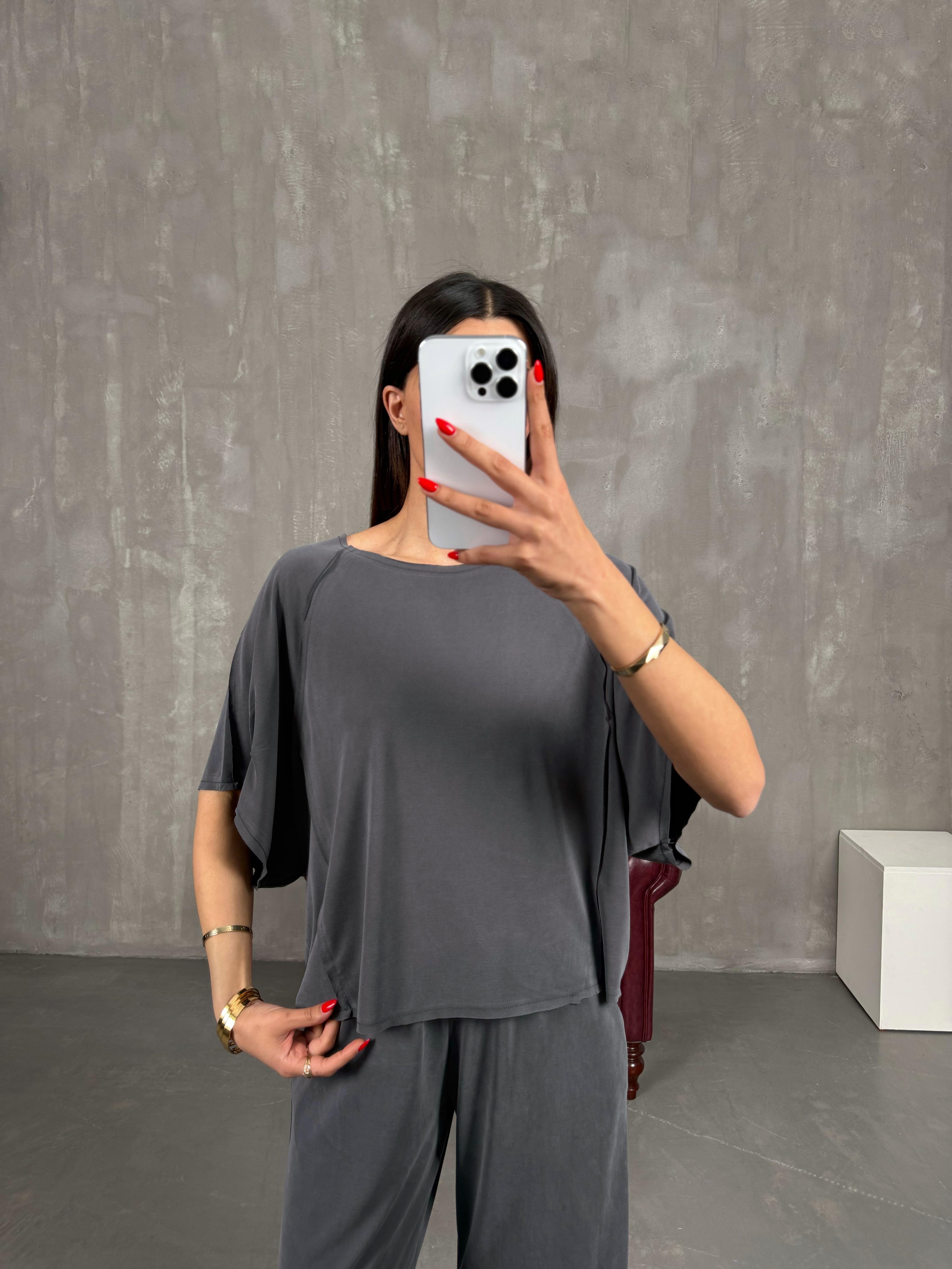 Antrasit İnce Modal Kumaş Kısa Kol Muadil Basic Takım Gaus00197GausTAKIMGU1001464