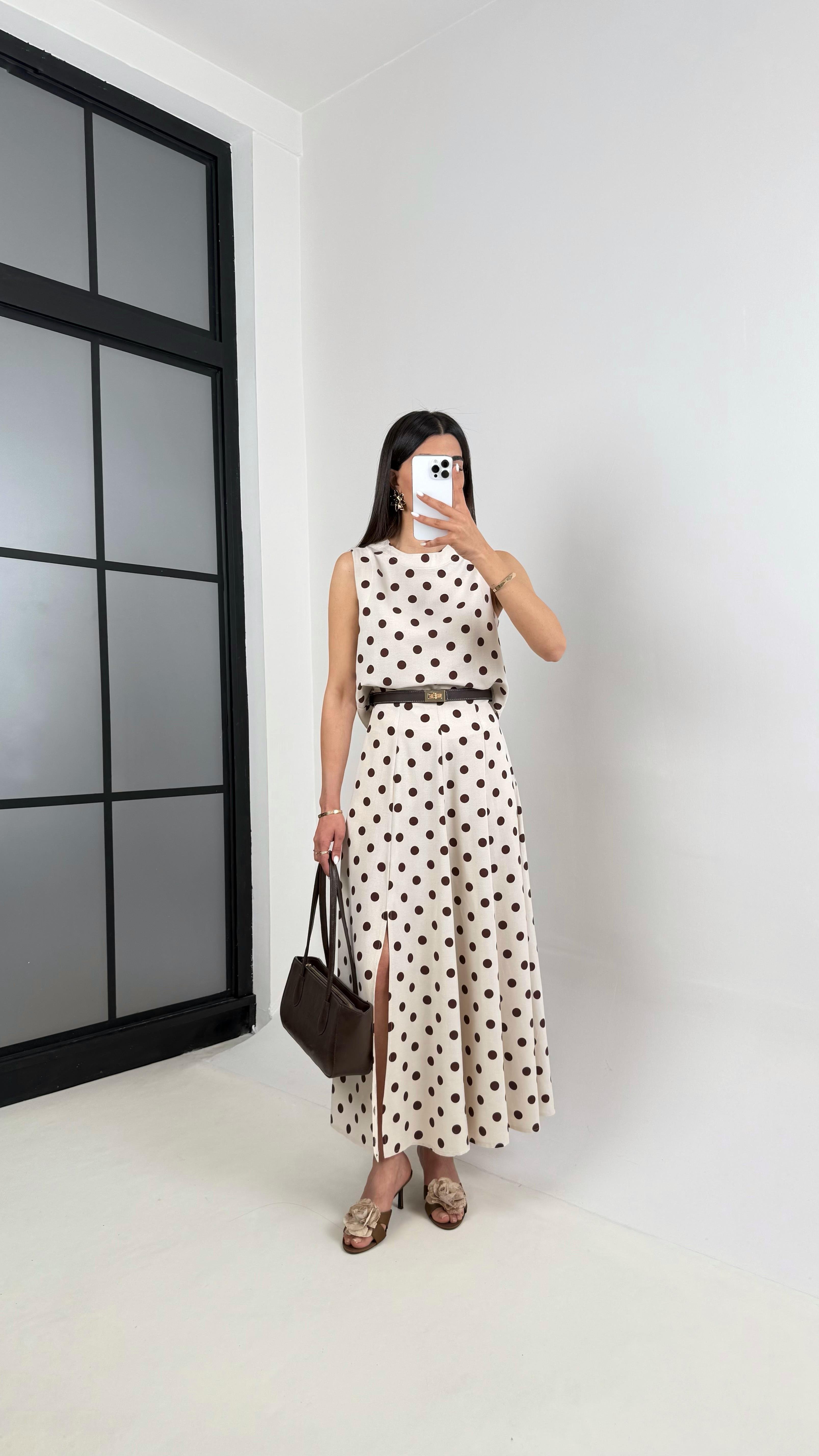 Taş Kahve Puantiyeli Crop Yırtmaçlı Etek Keten Takım Gaus00401GausTAKIMGU1001941