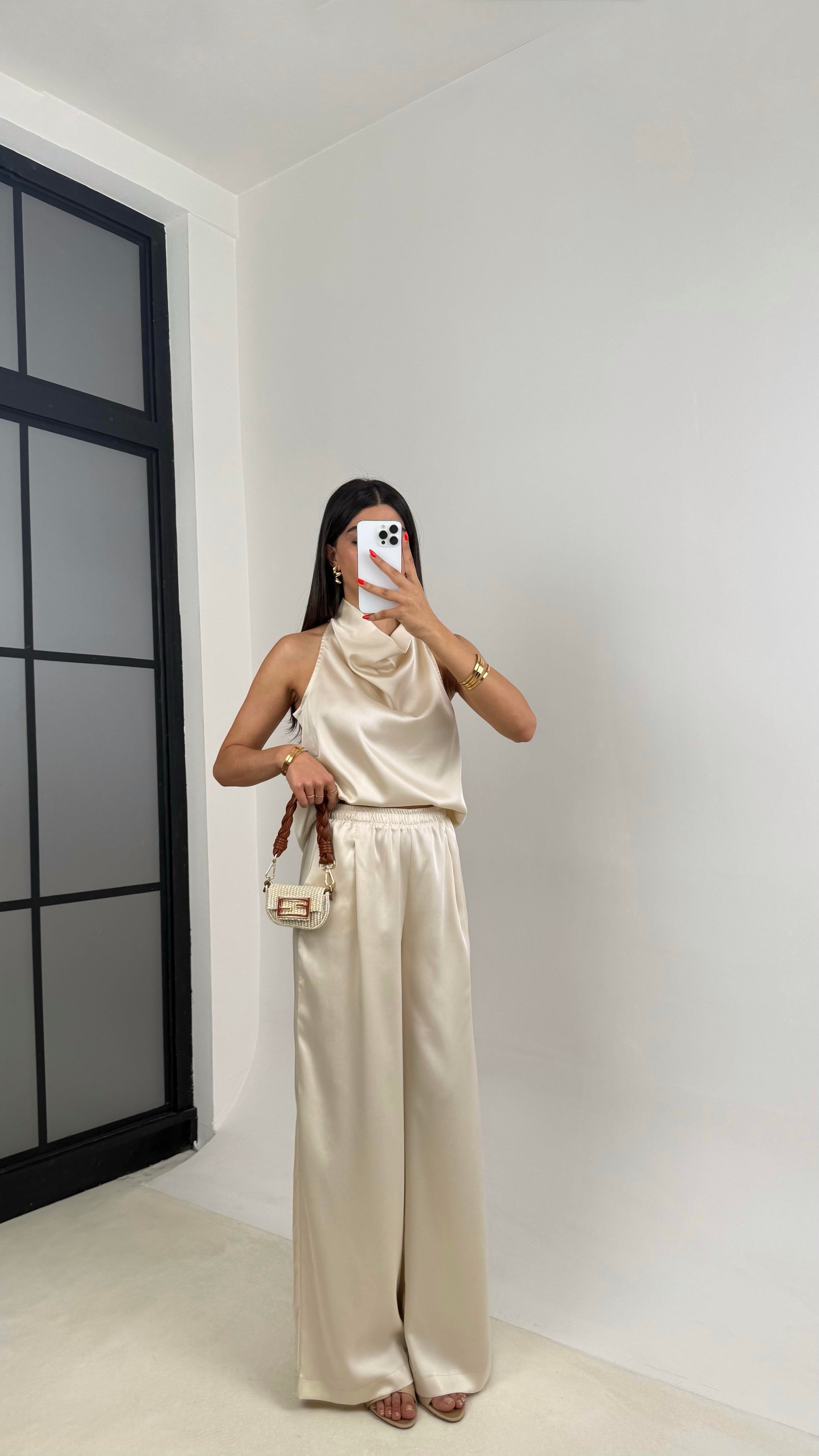 Bej Degaje Yaka Bluz Beli Lastikli Pantolon Saten Takım GAUS-0056GAUSTAKIMGAUS-0056