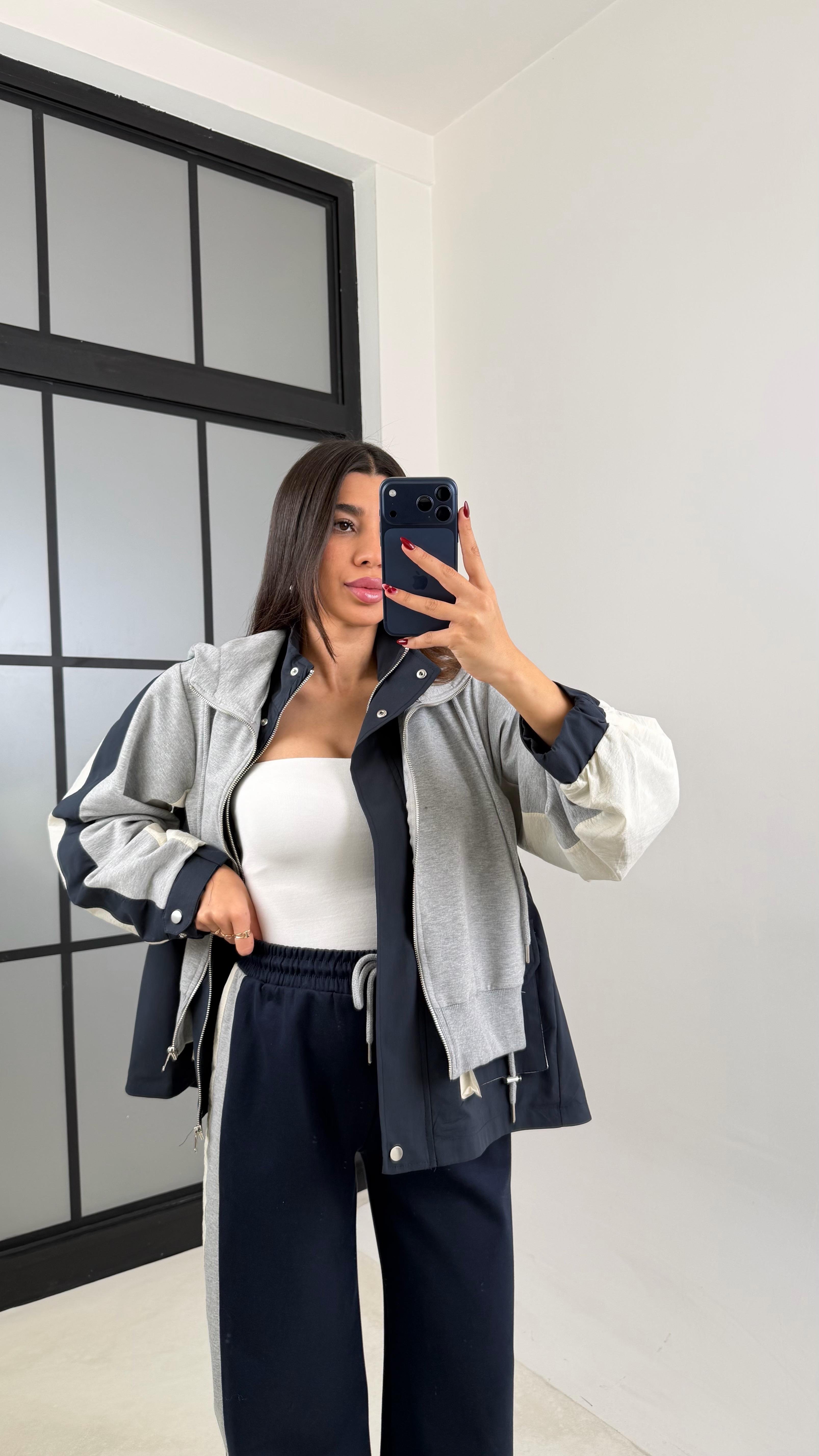 Lacivert Garnili Ceket Beli Lastikli Pantolon İkili Tasarım Takım GAUS-00699GAUSTAKIMGAUS-00699