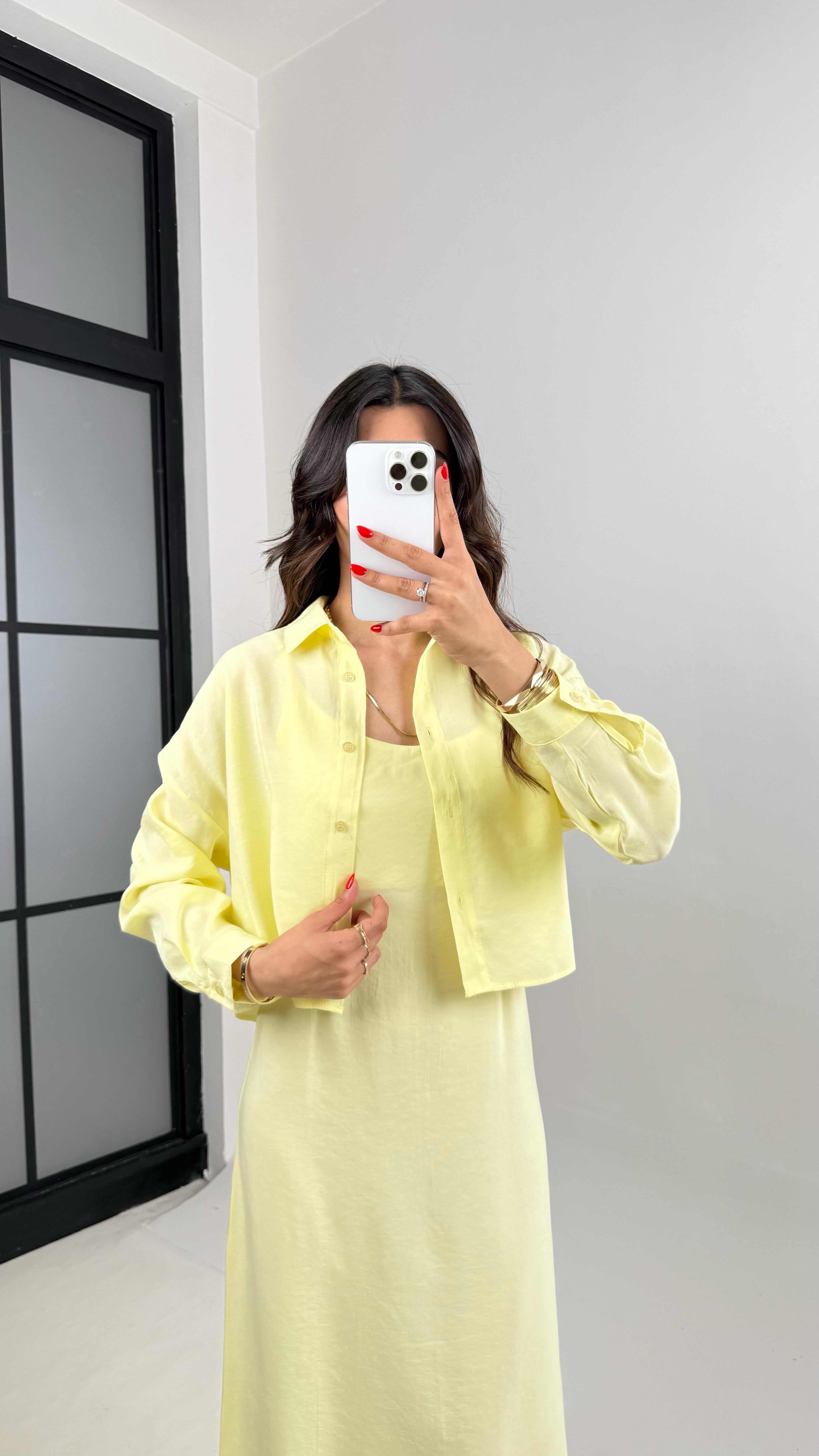 Sarı Ayarlanabilir Askılı Elbise Gömlek İkili Tensel Takım Gaus00467GausTAKIMGU1002093