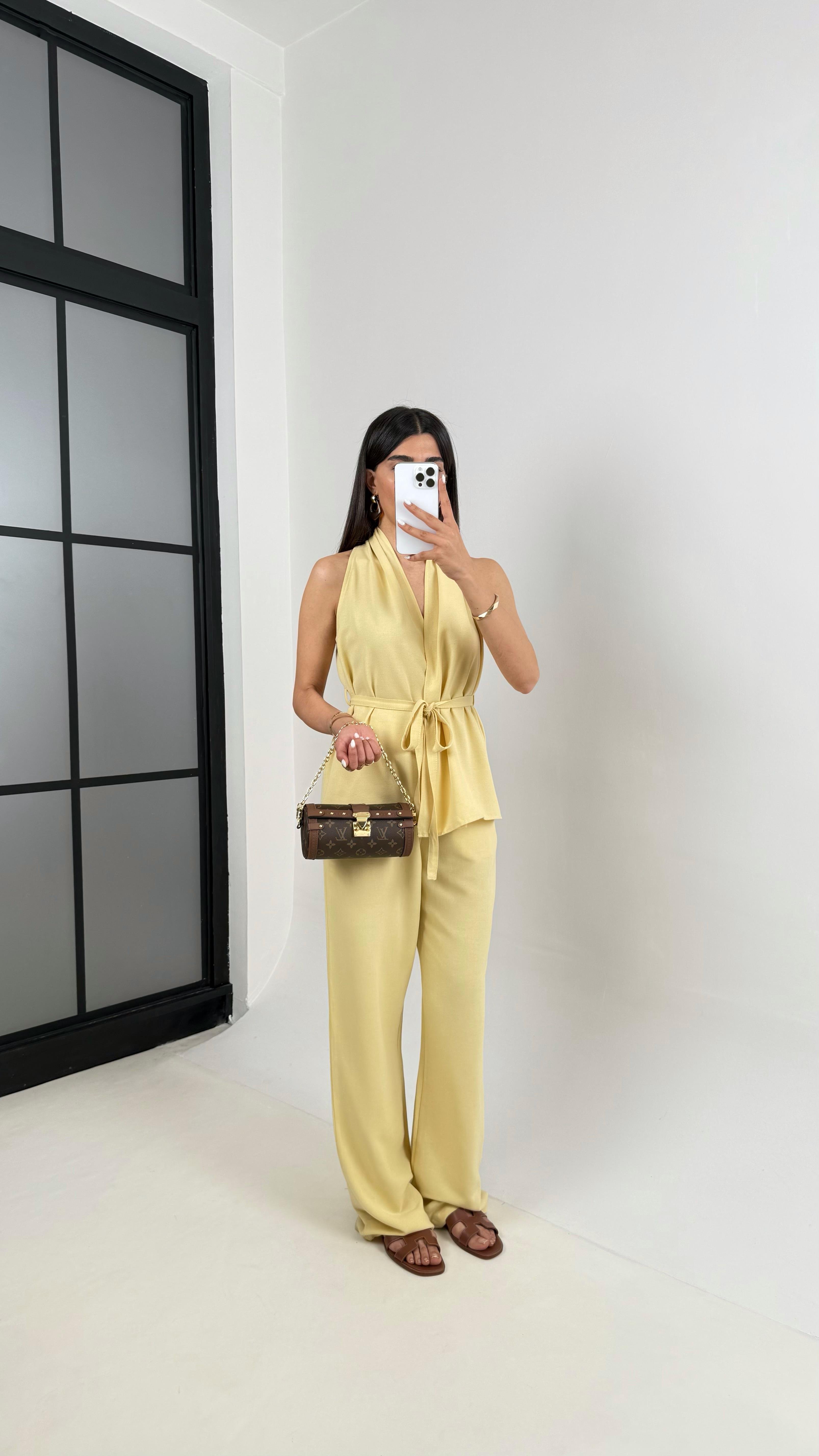 Sarı Önü Bağlamalı Kuşaklı Yelek Beli Lastikli Cepli Pantolon Keten Takım Gaus00410GausTAKIMGU1001956