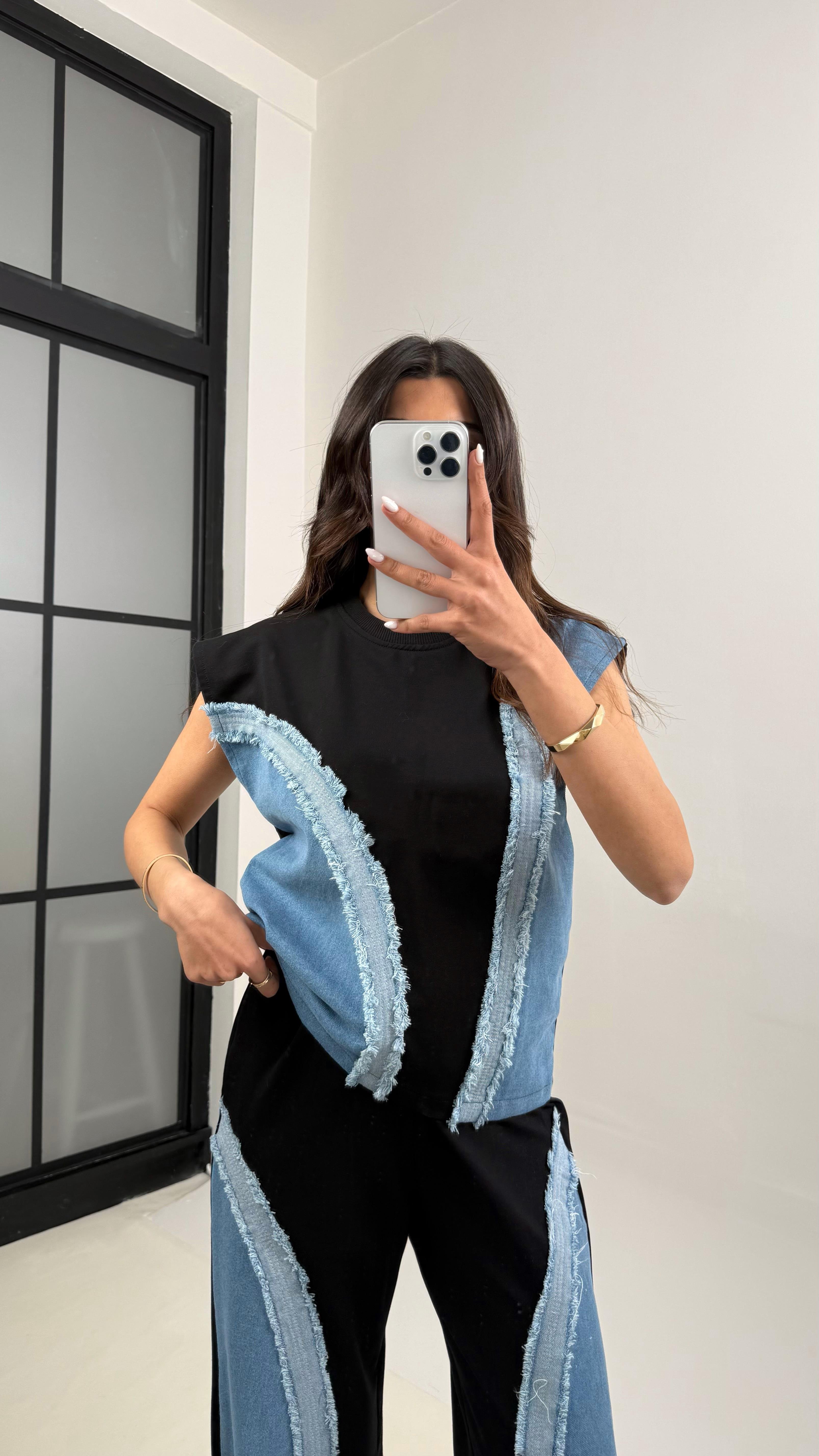 Siyah Dalga Desen Püskül Detaylı Denim Tasarım Takım Gaus00342GausTAKIMGU1001796