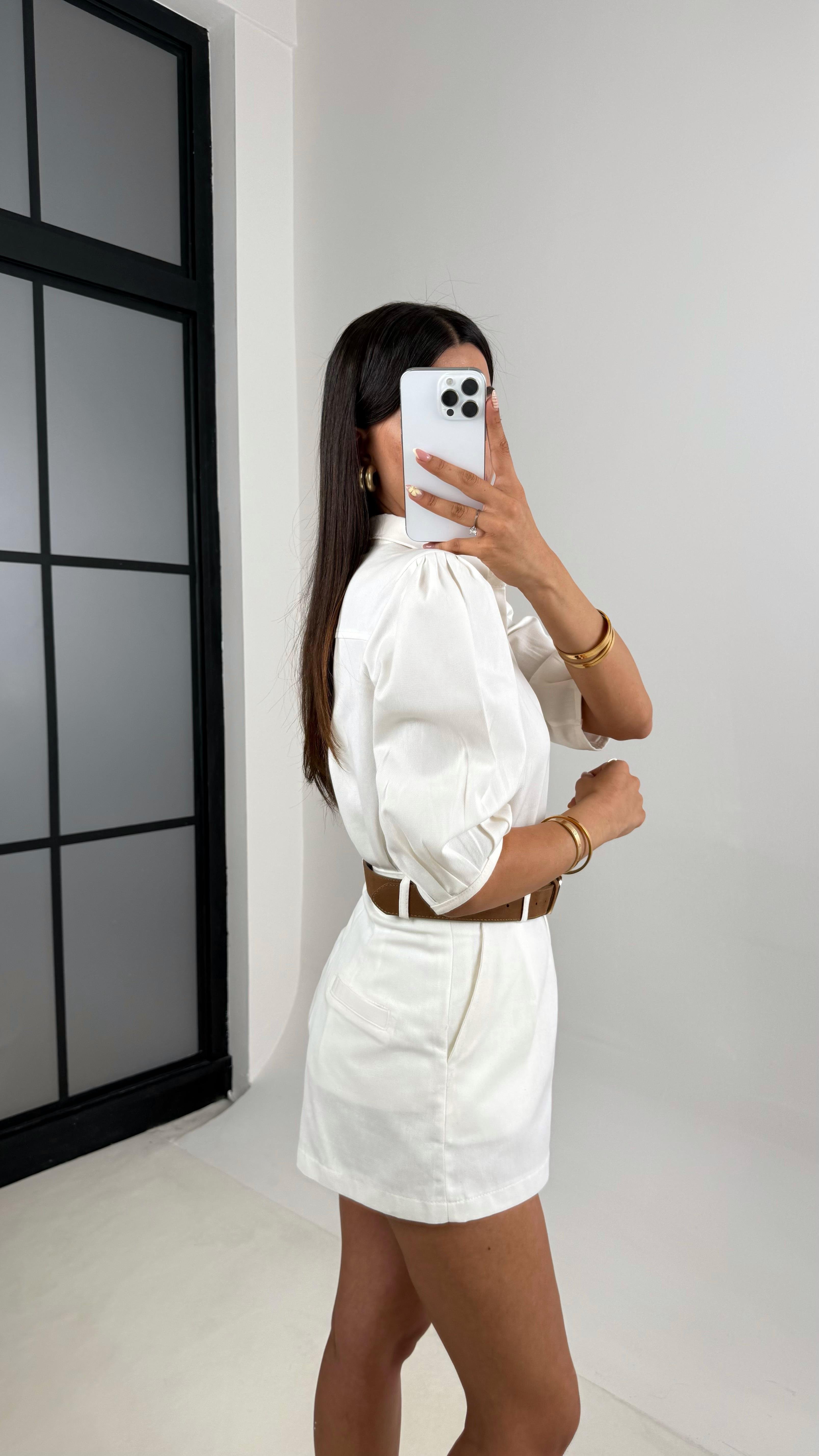 Beyaz Balon Kol Gömlek Şortlu Premium Keten Takım Gaus00675GausTAKIMGU1002556