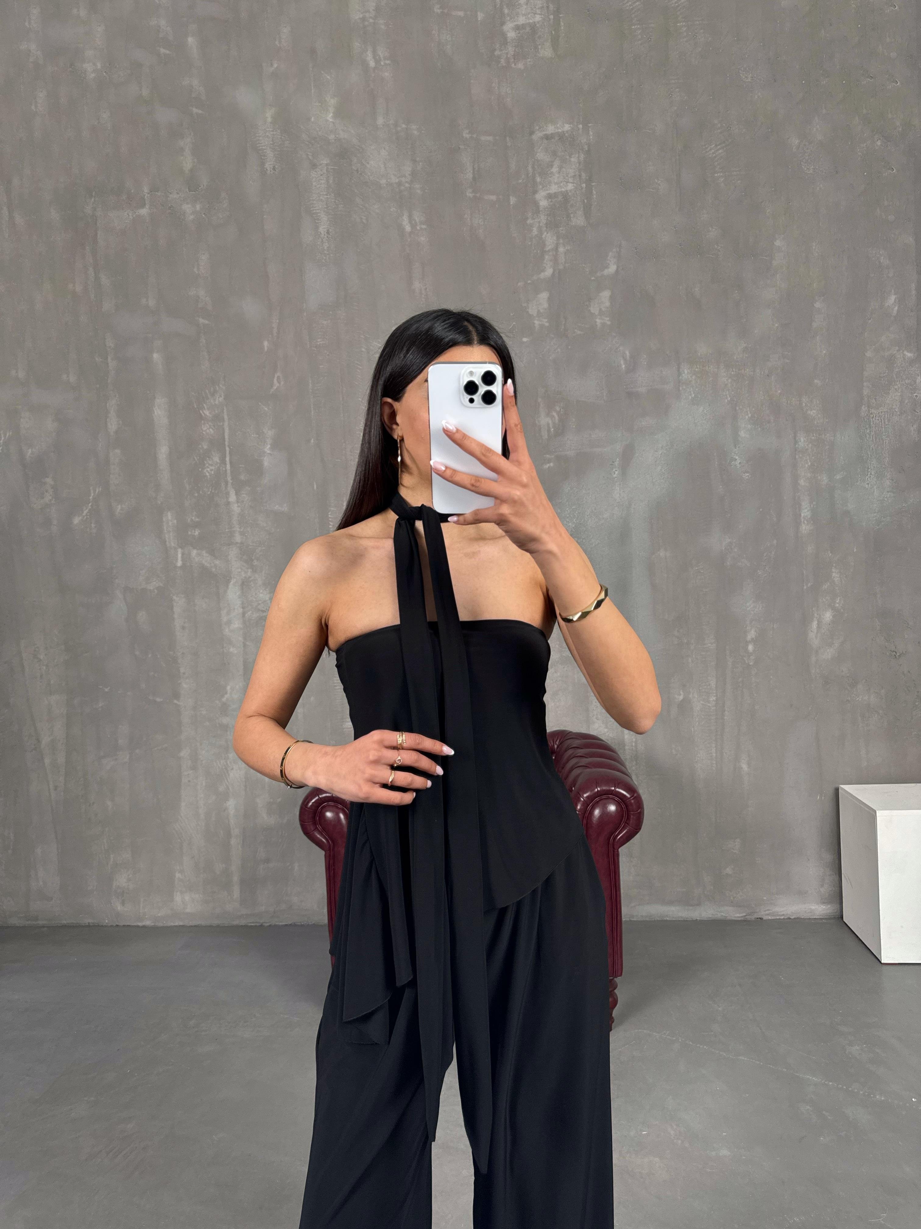 Siyah Asimetrik Kesim Fularlı İkili TakımGausTAKIMGU1001635