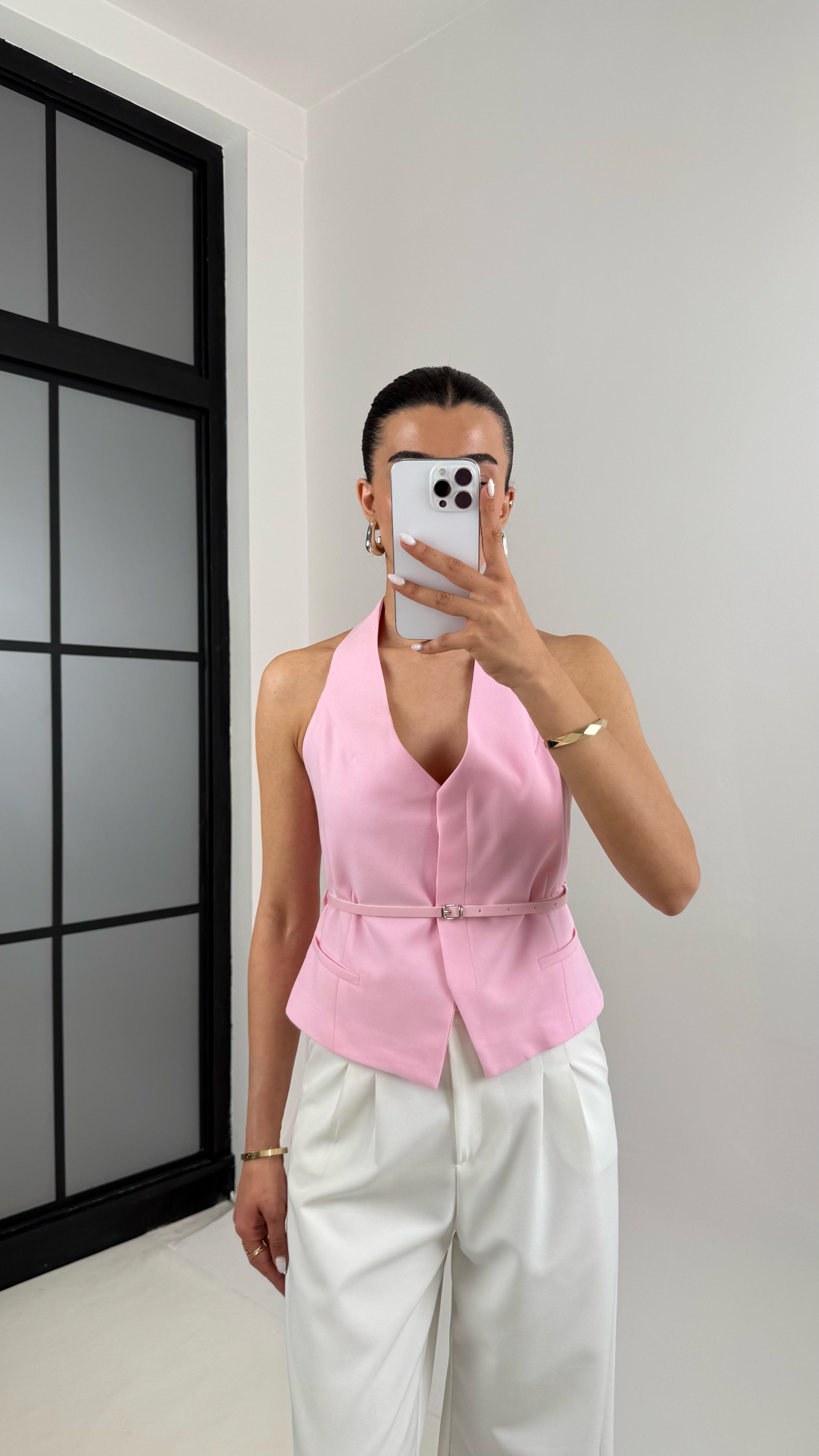 Pembe Önü Düğmeli Kemerli Tasarım Yelek Gaus00420GausYELEKGU1001984