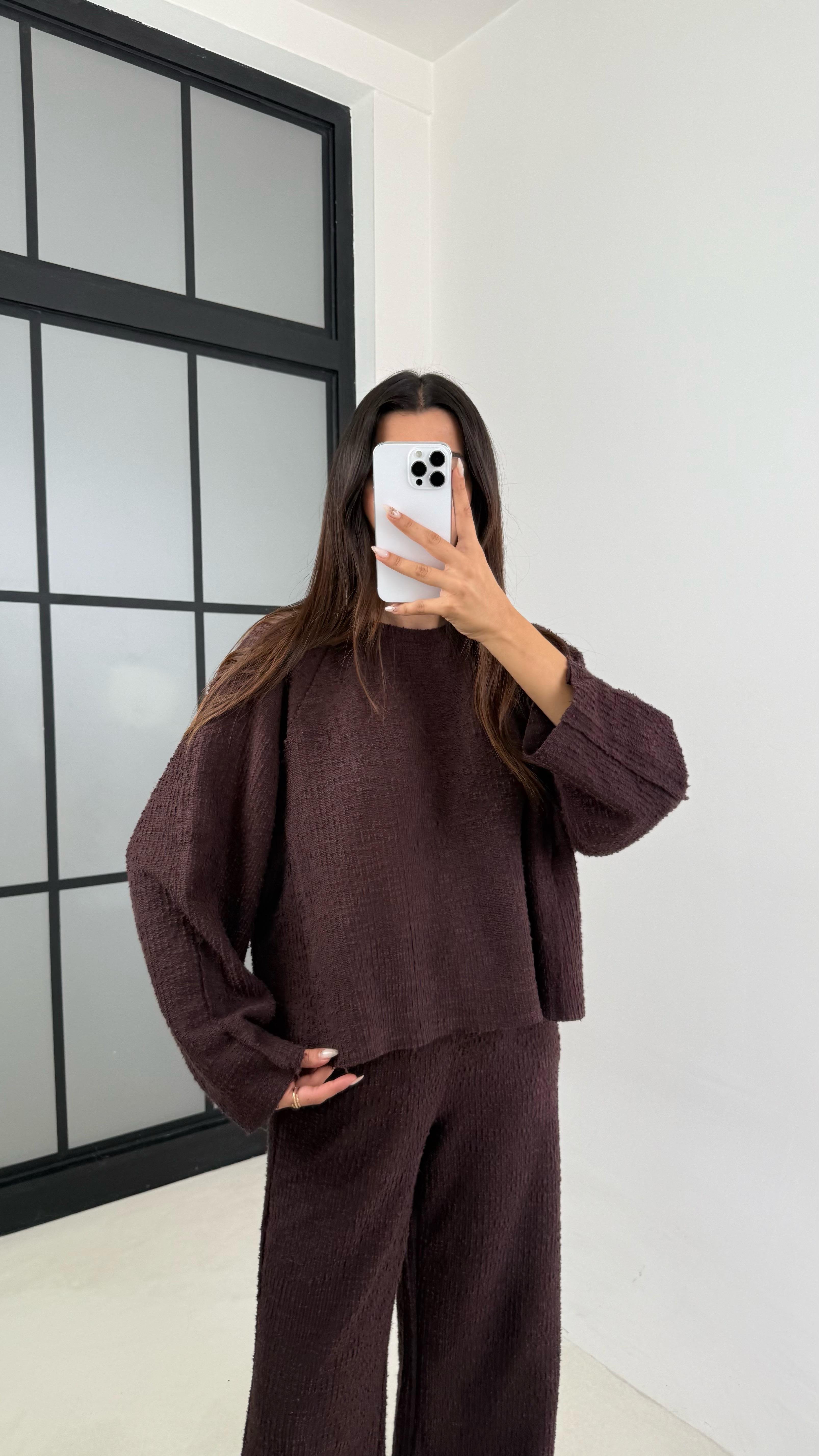 Acı Kahve Kazak Beli Lastikli Pantolon Buklet Kumaş İkili Takım GAUS-00138GAUSTAKIMGAUS-00138