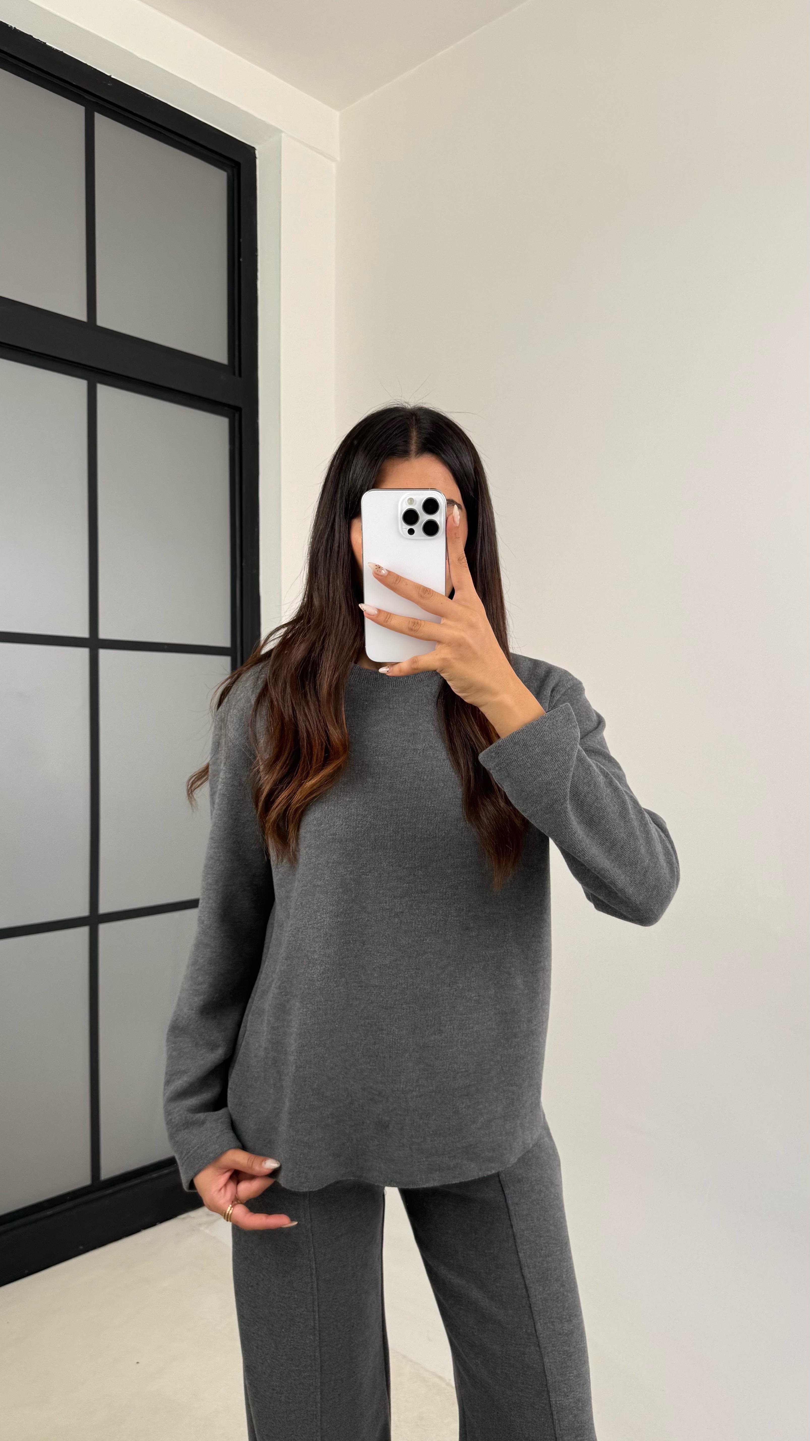 Gri Bisiklet Yaka Üst Beli Lastikli Pantolon Basic Yumuşak Triko Takım GAUS-00109GAUSTAKIMGAUS-00109