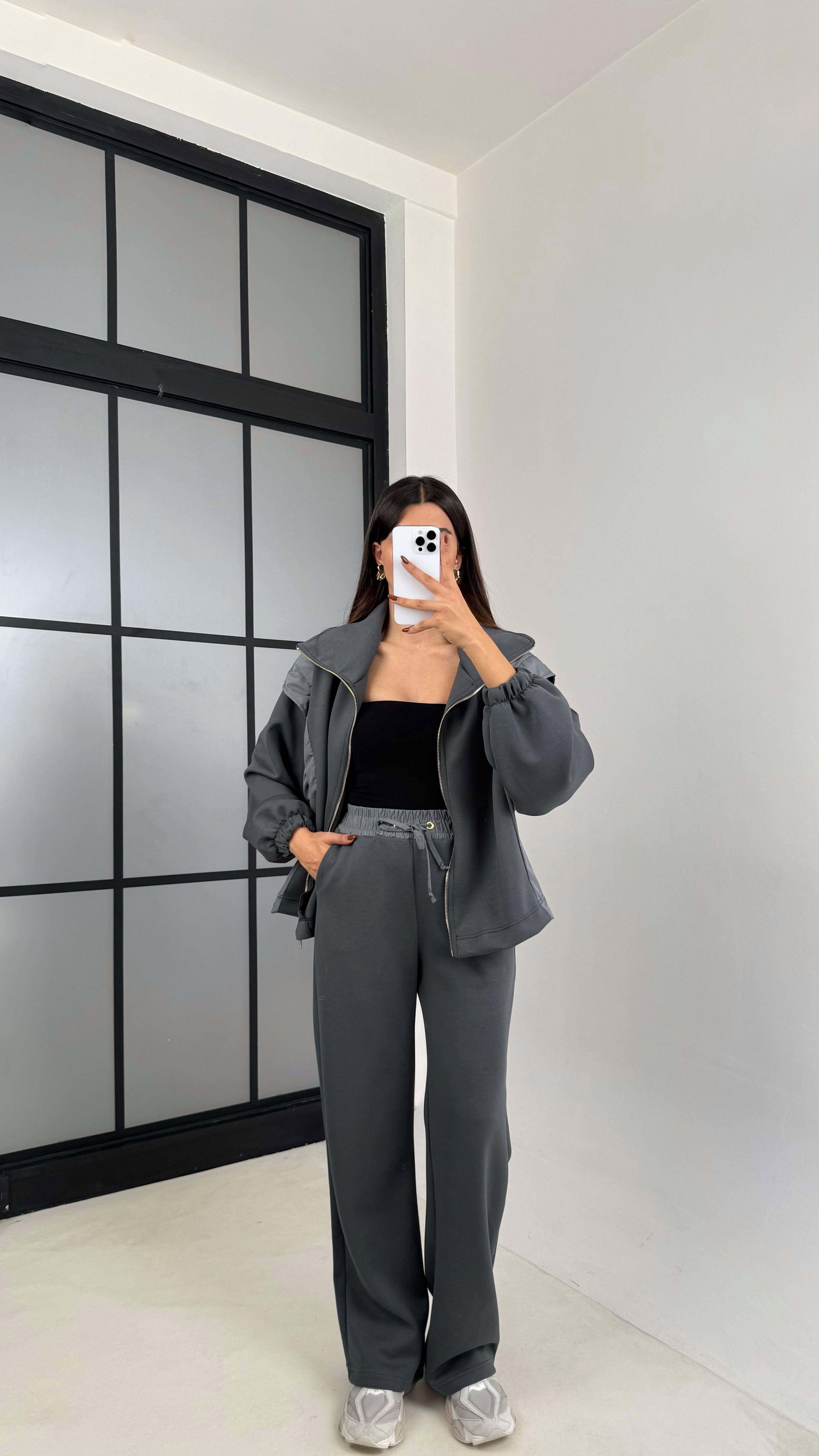 Antrasit Paraşüt Kumaş Detaylı Hırka Pantolon İkili Modal Kumaş Takım GAUS-00209GAUSTAKIMGAUS-00209