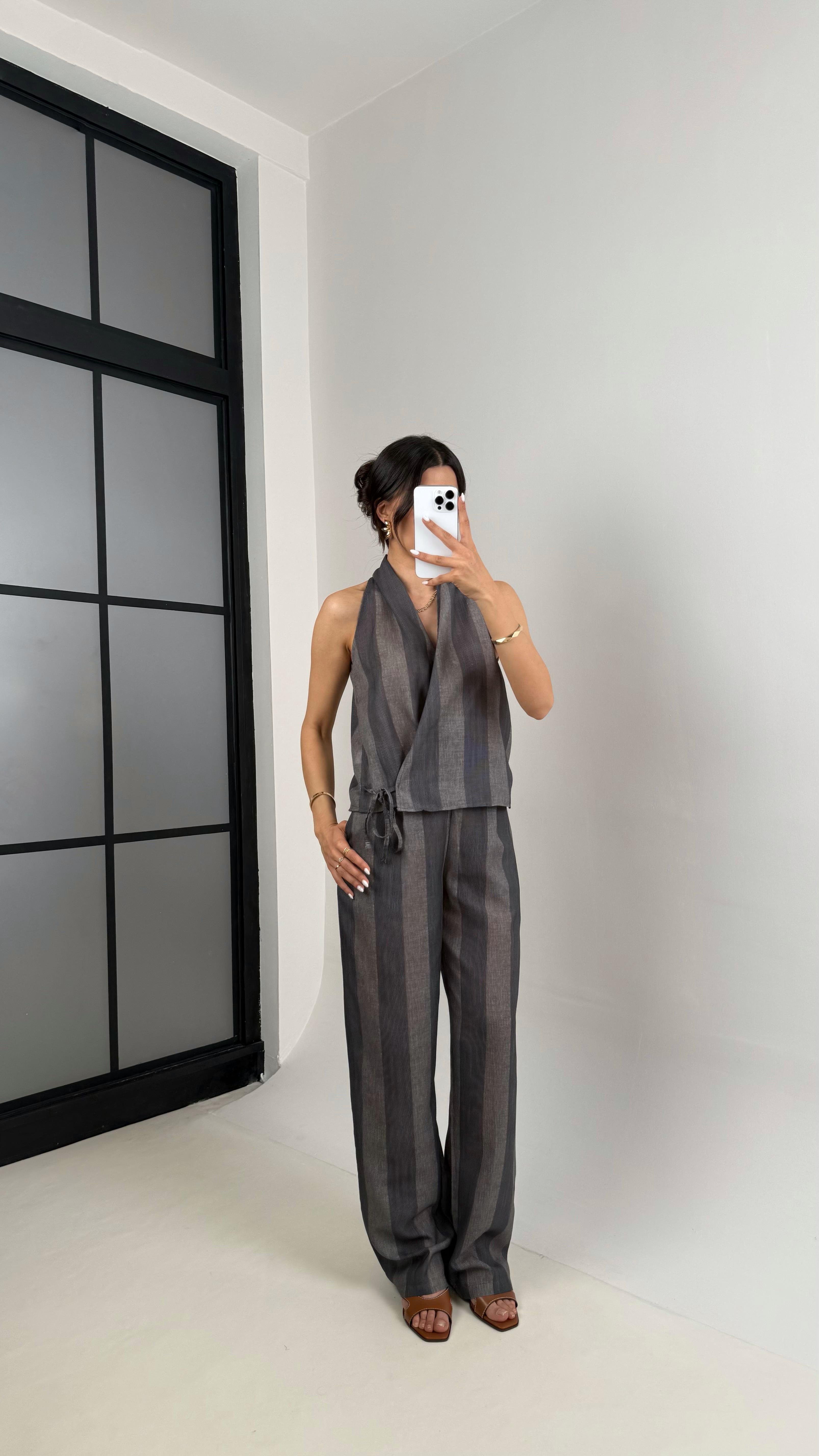 Gri Antrasit Çizgili Önden Bağlamalı Yelek Cepli Pantolon MD Muadil Keten Takım Gaus00431GausTAKIMGU1002001