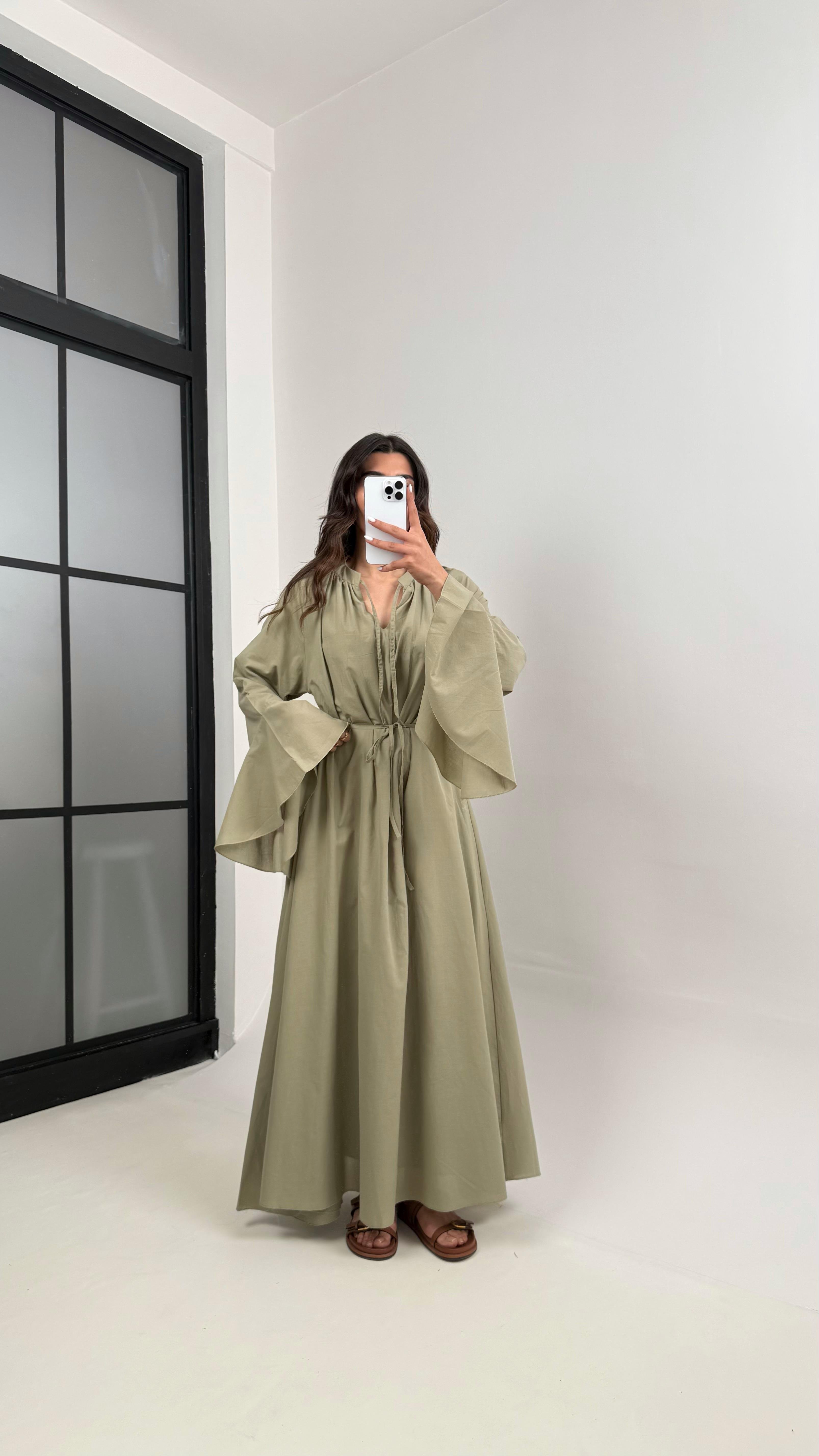 Haki Önü Bağlamalı Kuşaklı Astarlı Vual Kumaş Elbise Gaus00344GausELBİSEGU1001801