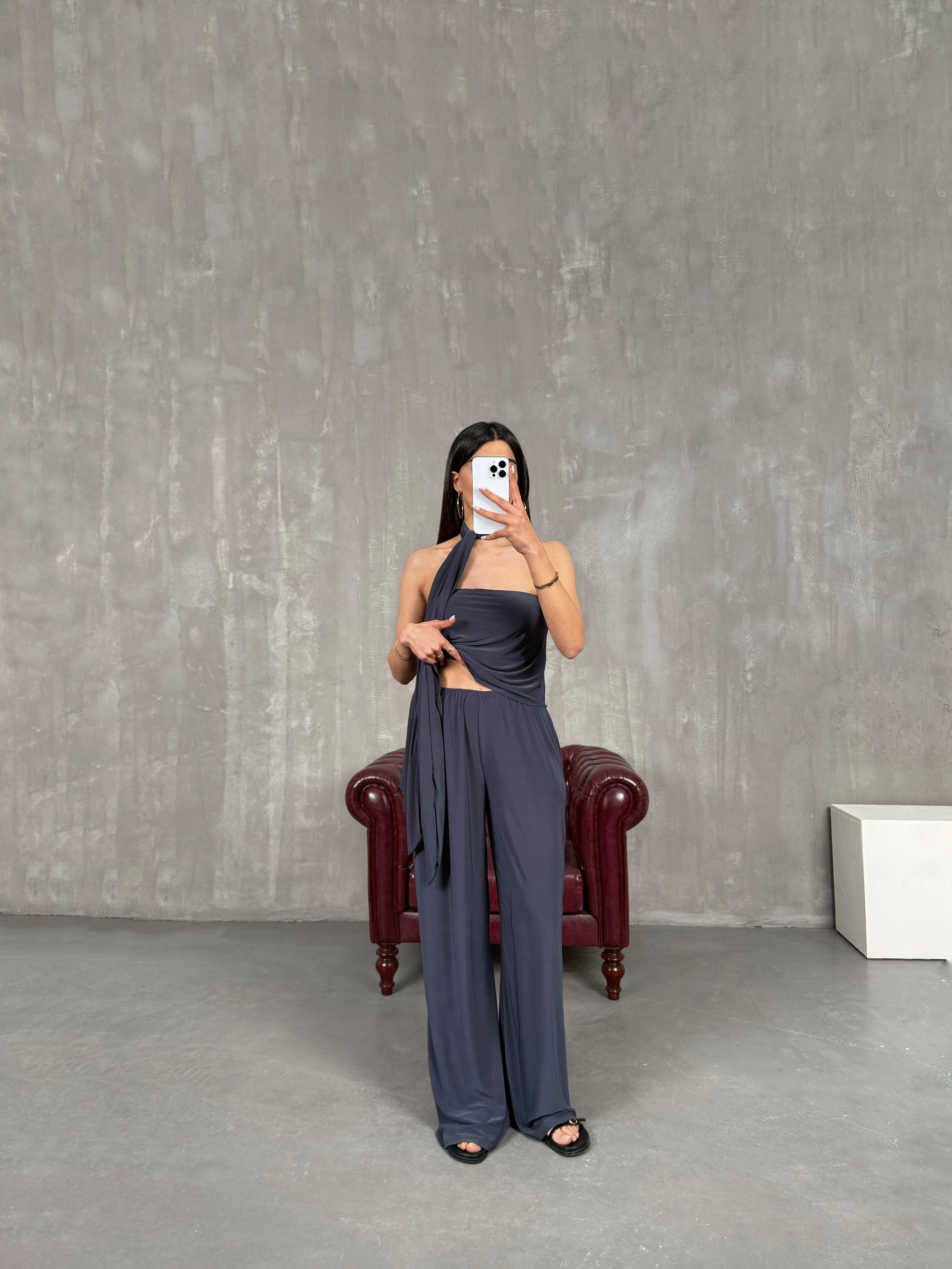 Antrasit Asimetrik Kesim Fularlı İkili Takım Gaus00274GausTAKIMGU1001636