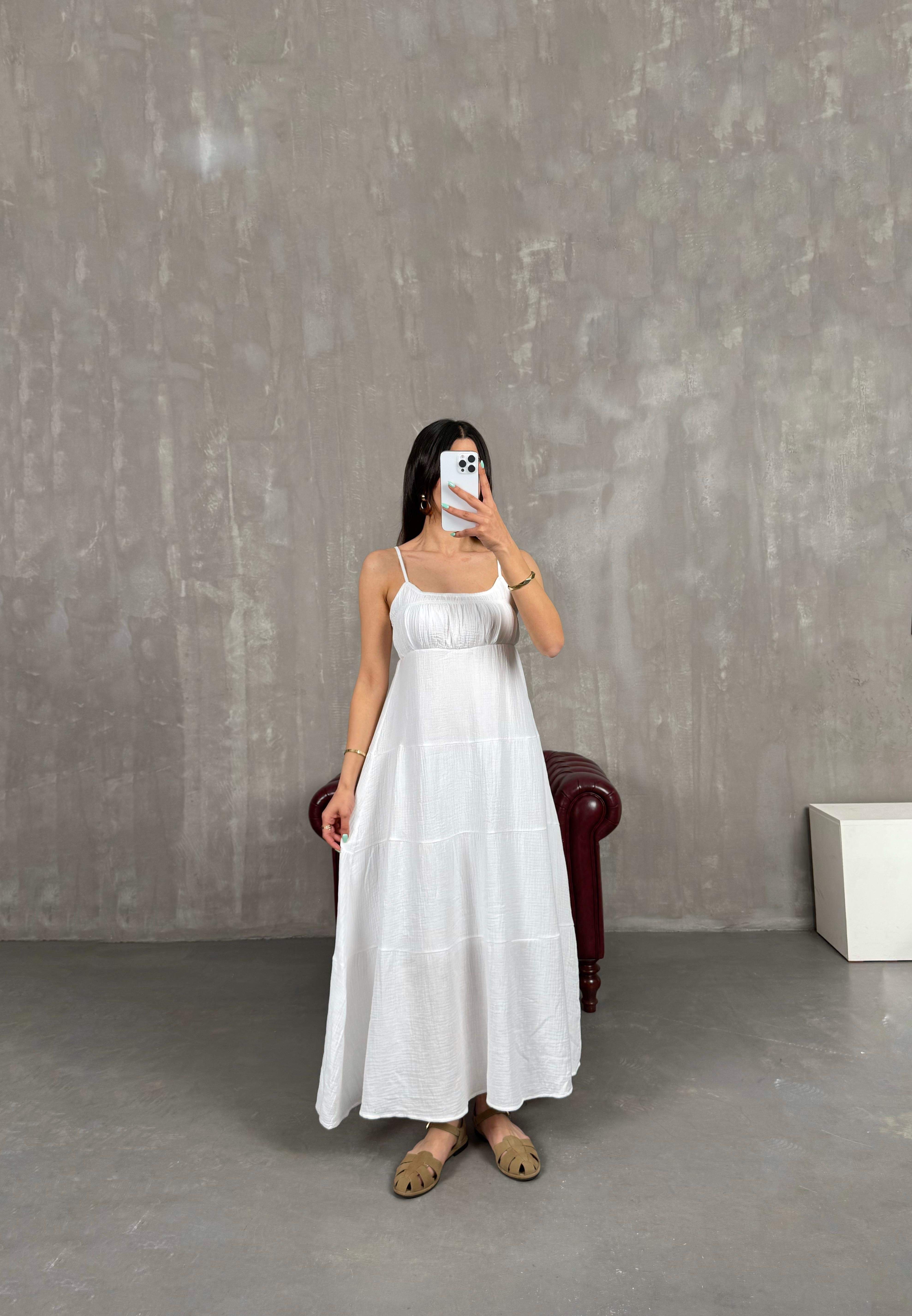 Beyaz Ayarlanabilir Askılı Yarım Astarlı Müslin Elbise Gaus00244GausELBİSEGU1001565