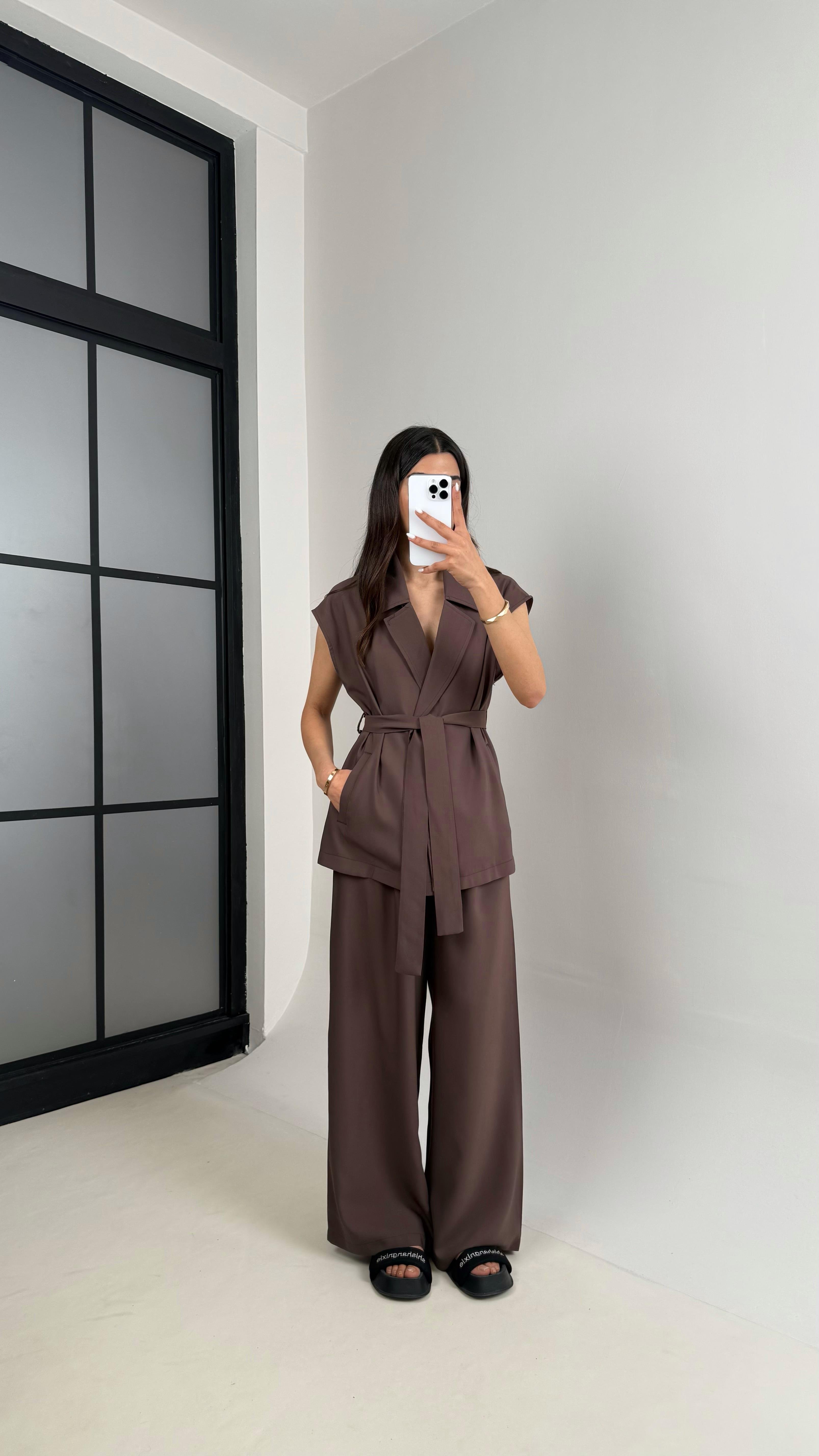 Acı Kahve Cepli Kuşaklı Yelek Beli Lastikli Pantolon Tensel Takım Gaus00433GausTAKIMGU1002004