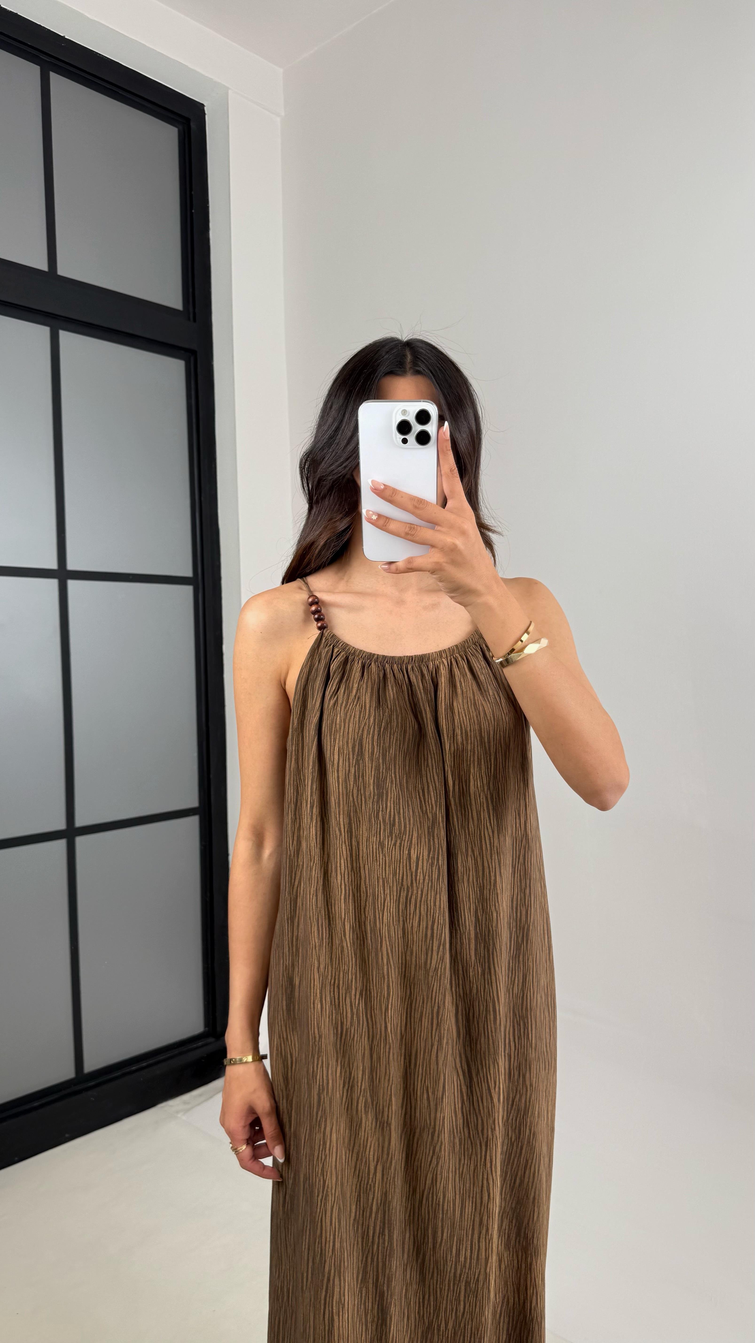 Kahve Boncuk Askılı Desenli Astarlı Premium Elbise Gaus00530GausELBİSEGU1002240