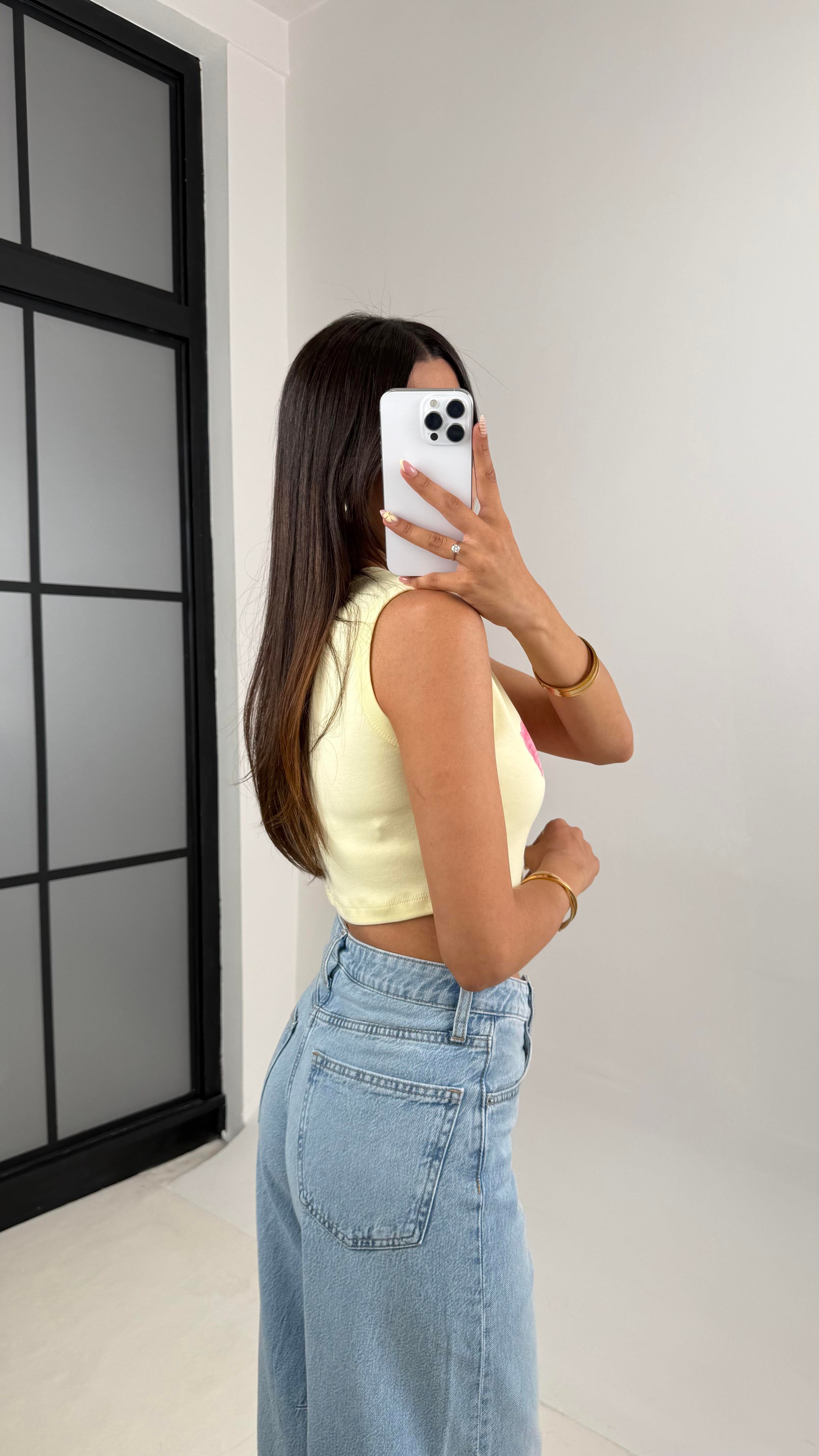 Sarı Çiçek Baskılı Modal Kumaş Crop Gaus00666Gaus التيشيرتات  GU1002538