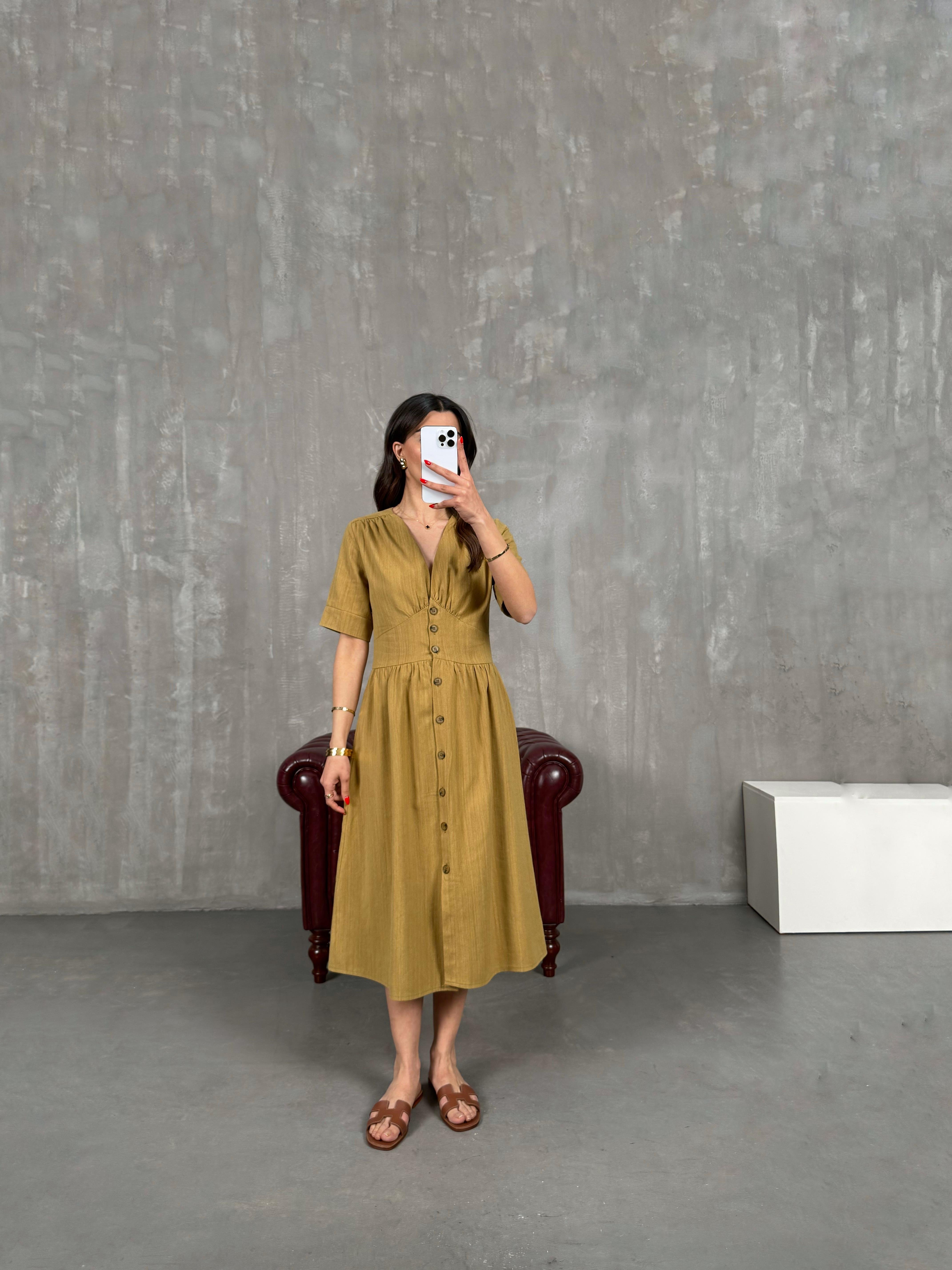 Yağ Yeşili V Yaka Düğmeli Keten Elbise Gaus00169GausELBİSEGU1001393