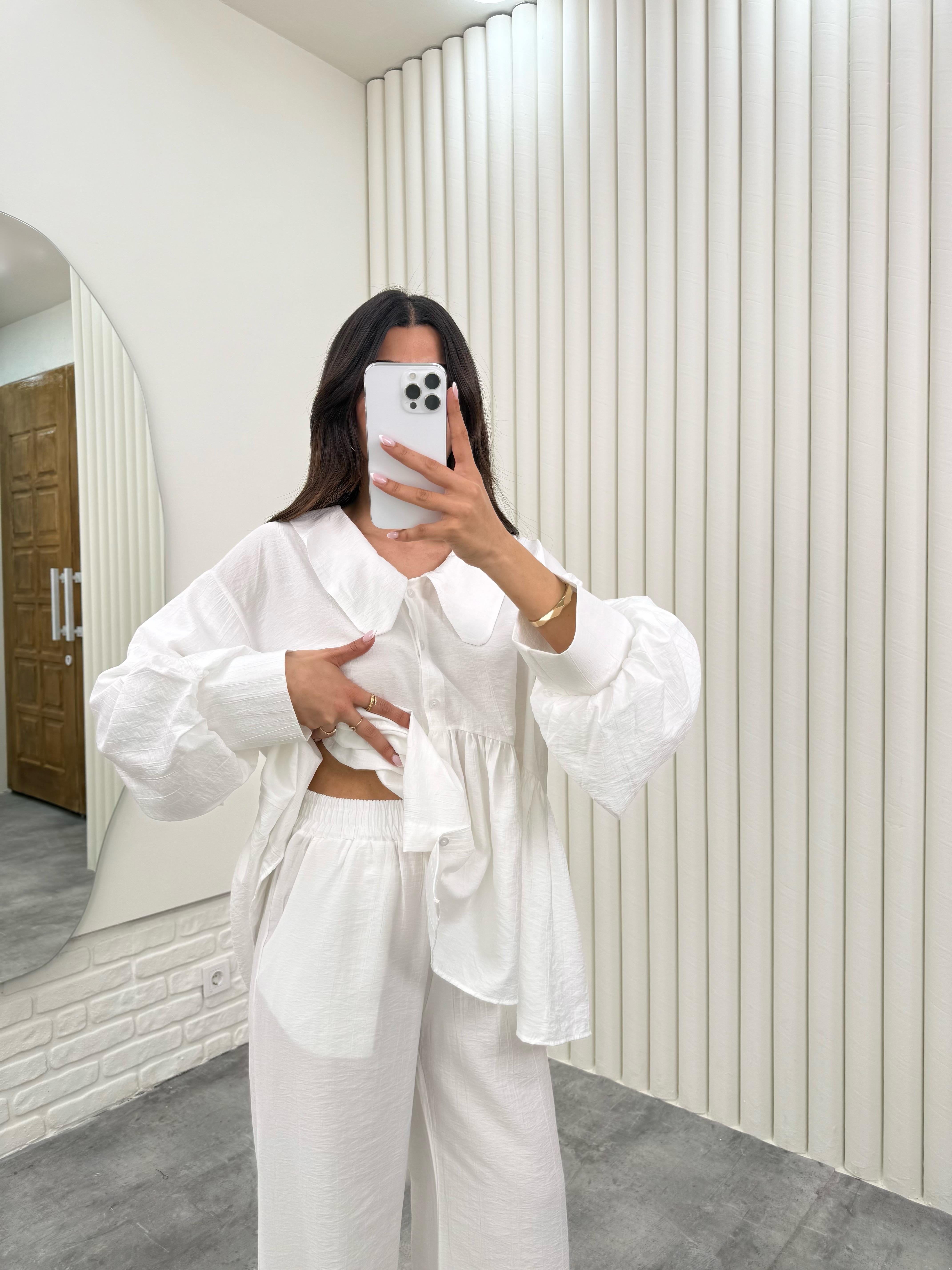 Beyaz Bağlamalı Bebe Yaka Üst Beli Lastikli Cepli Pantolon İthal Kumaş Takım Gaus00292GausTAKIMGU1001677