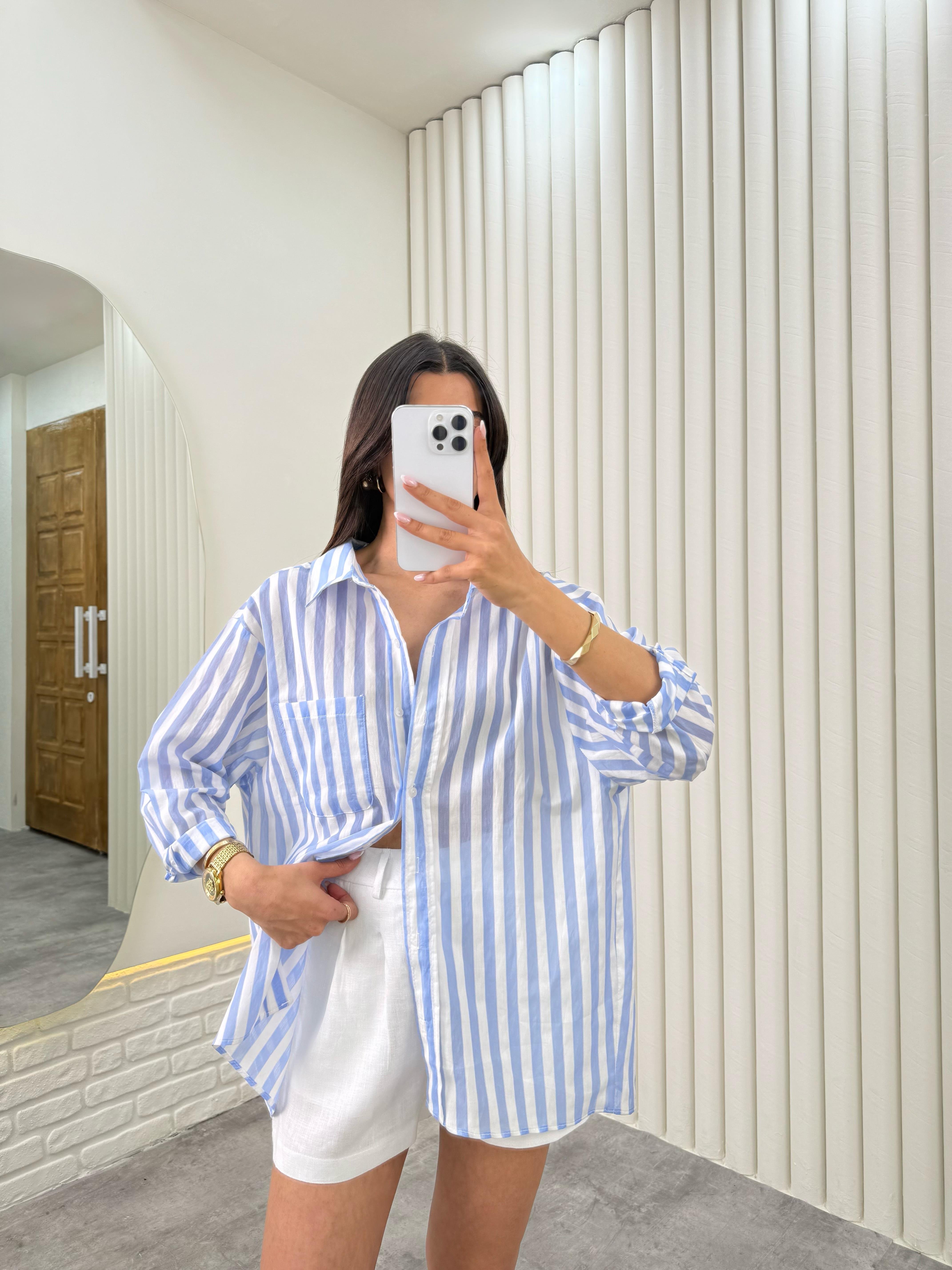 Mavi Çizgili Pamuk Kumaş Gömlek Gaus00324GausGÖMLEKGU1001752