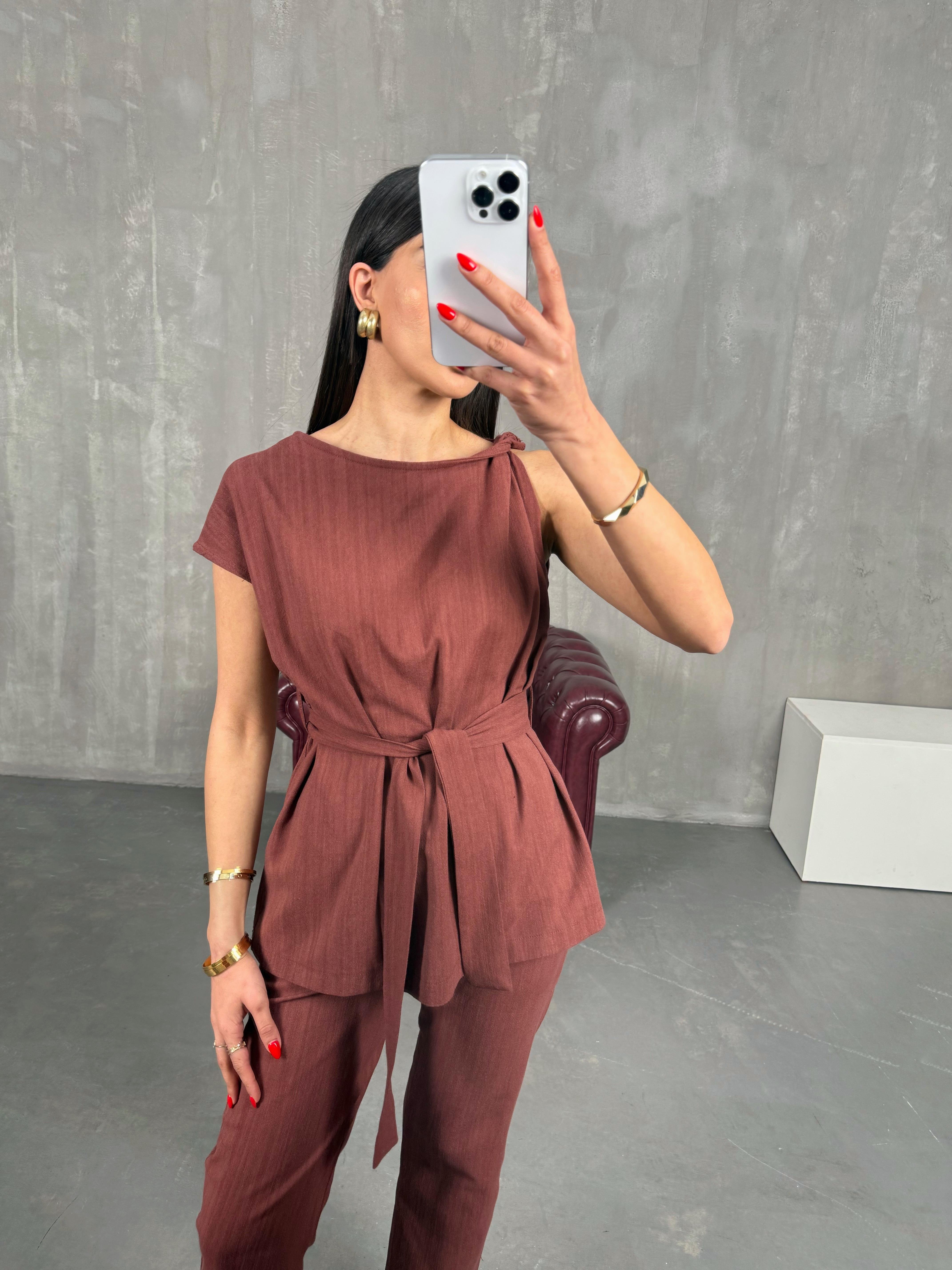 Kiremit Omuz Detaylı Kuşaklı Keten Takım Gaus00188GausTAKIMGU1001435