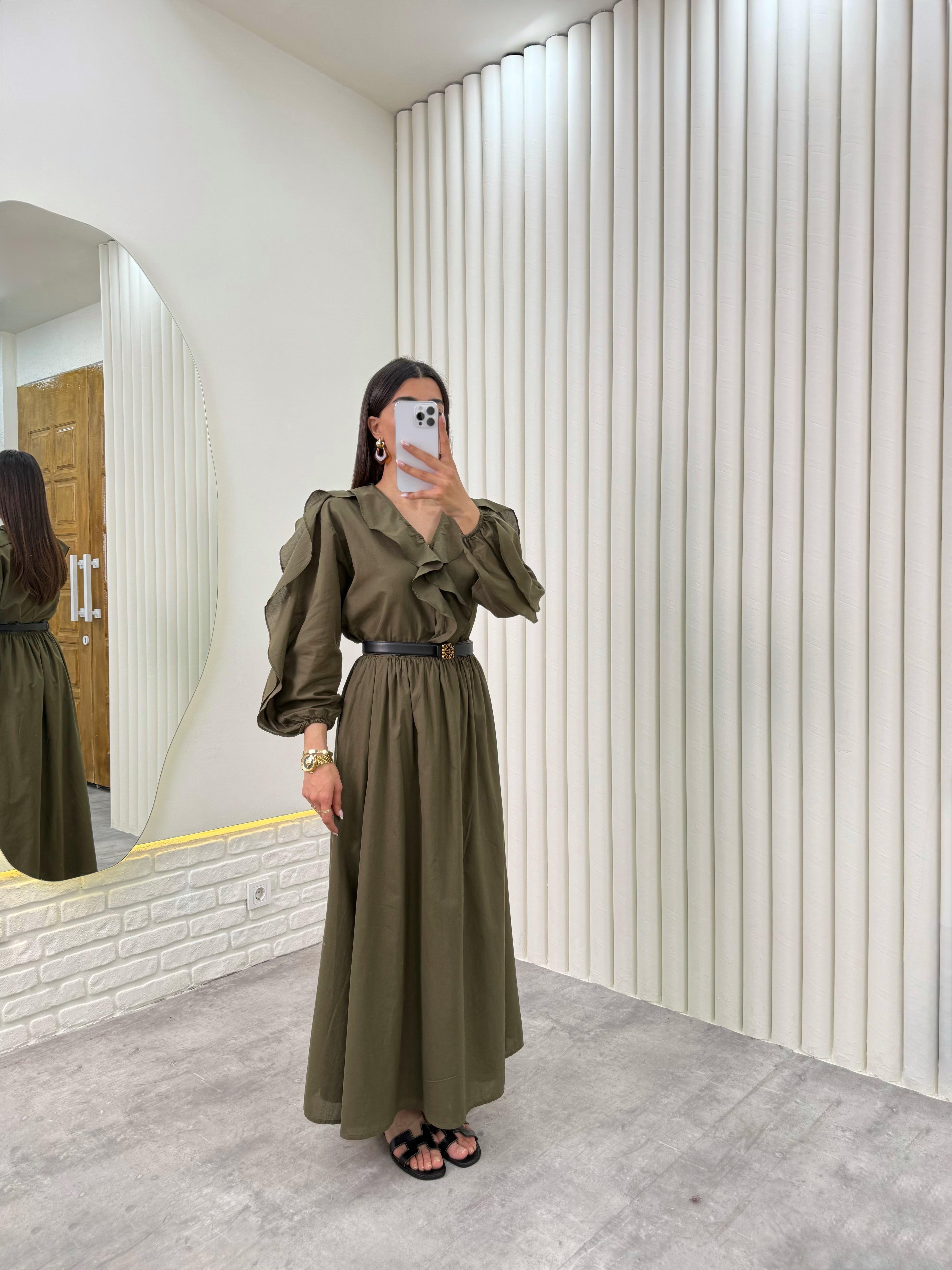 Haki Önü Düğmeli Fırfırlı Üst Beli Lastikli Astarlı Etek Vual İkili Takım Gaus00321GausTAKIMGU1001740