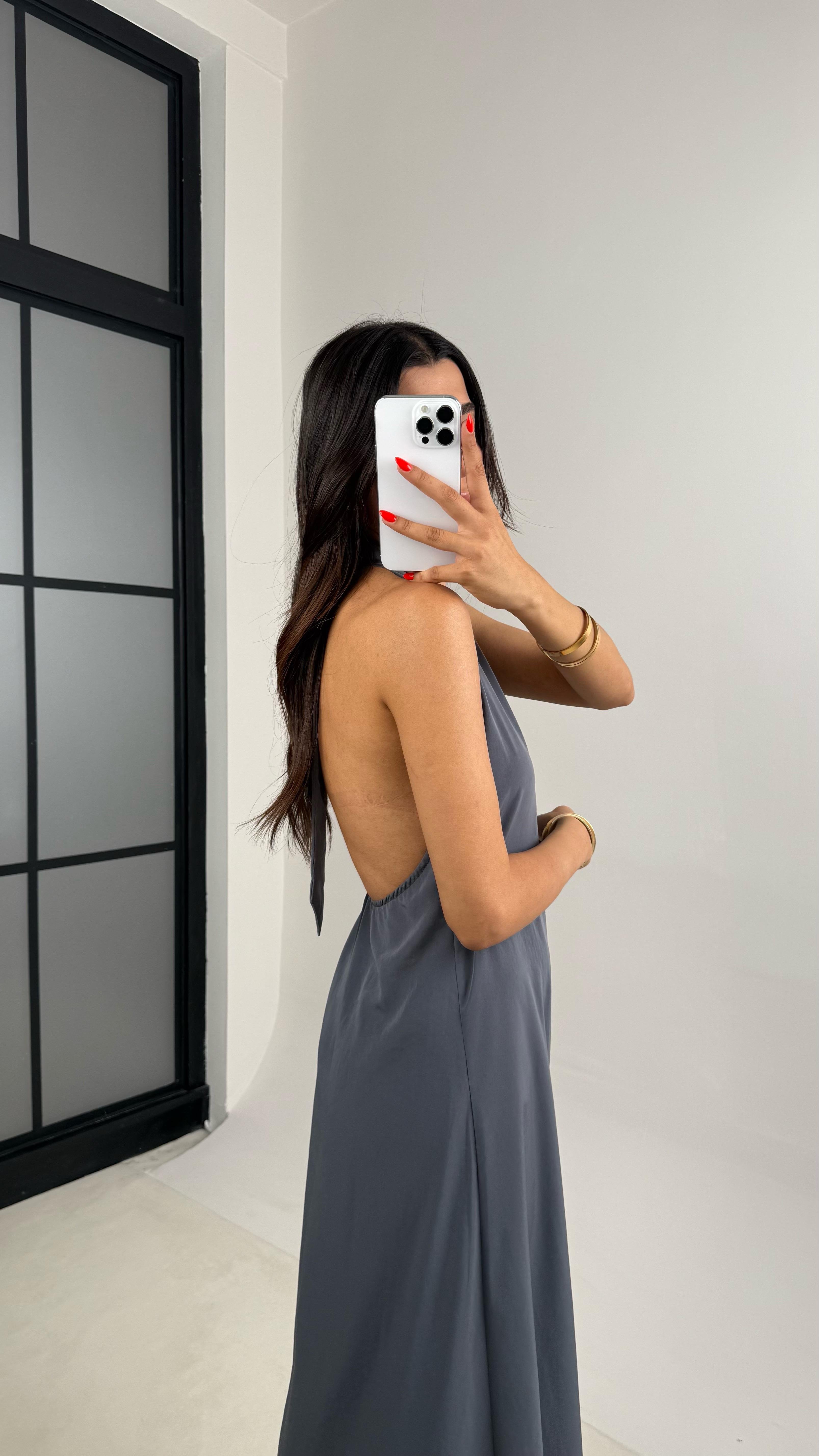 Antrasit Boyundan Bağlamalı V Yaka Tencel Elbise GAUS-0014GAUSELBİSEGAUS-0014