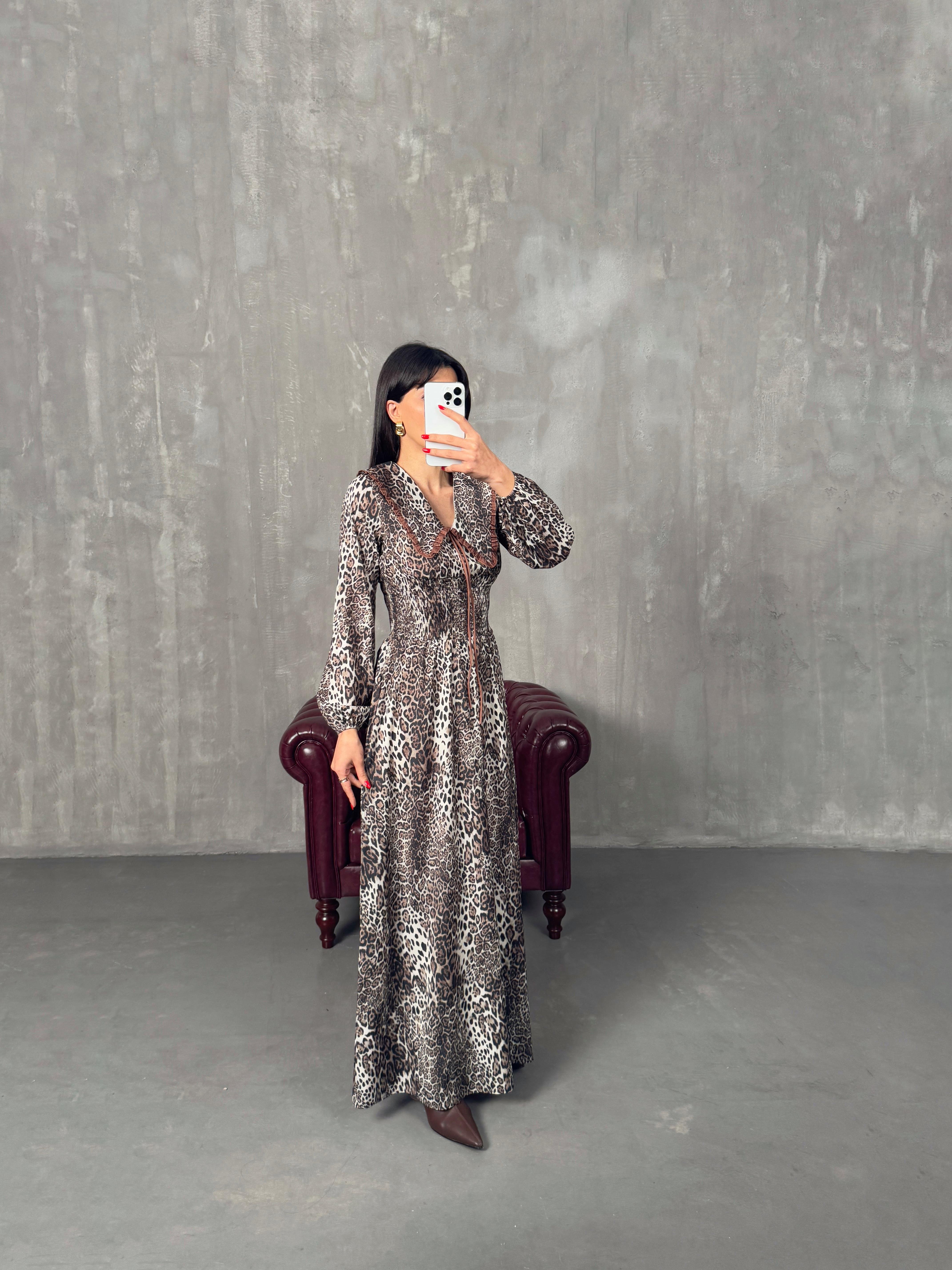 Leopar Desenli Yakalı Beli Lastikli ElbiseGausELBİSEGU00904330