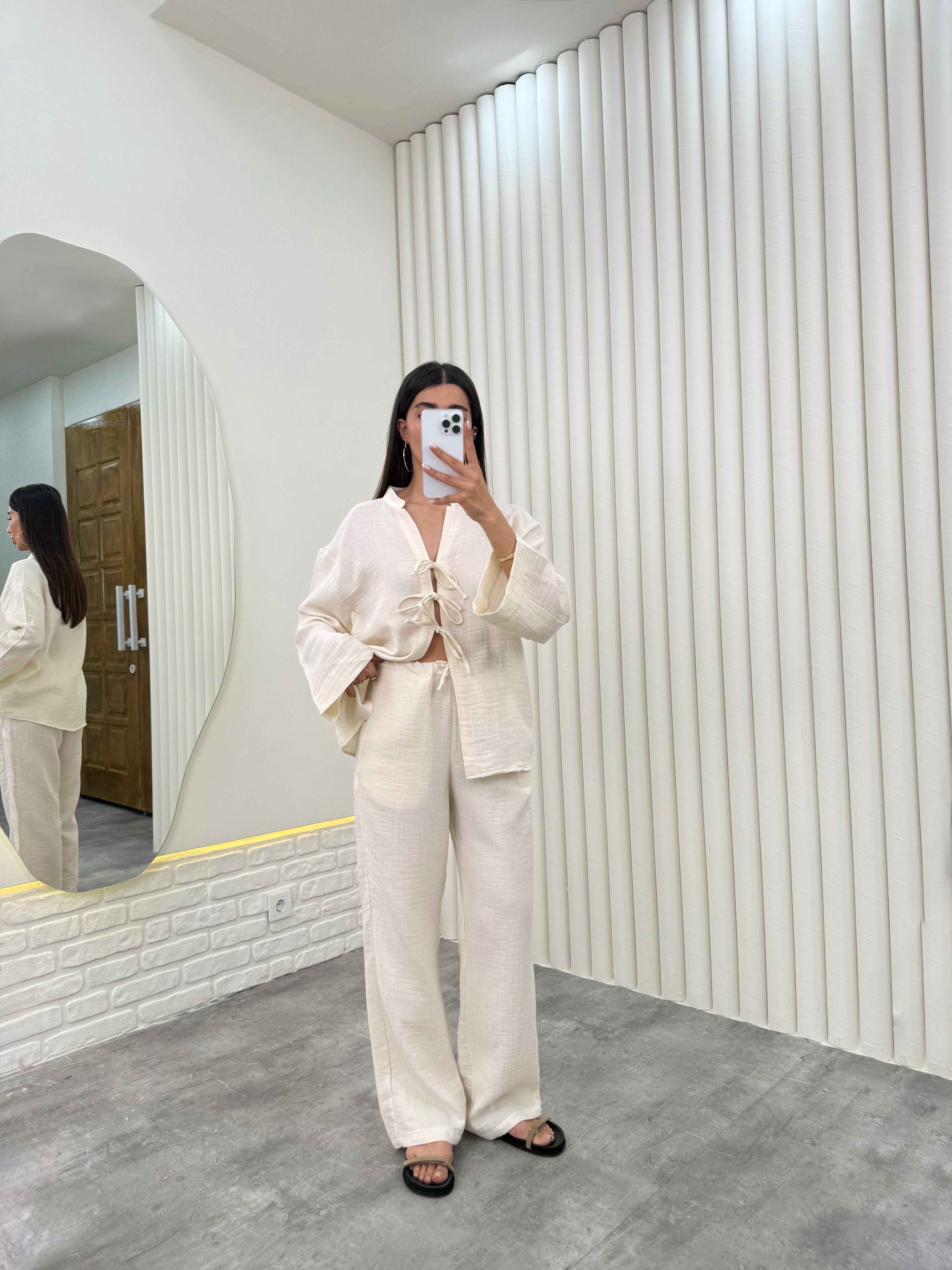 Ekru Önü Bağlamalı Beli Lastikli Müslin Kumaş Takım Gaus00282GausTAKIMGU1001656