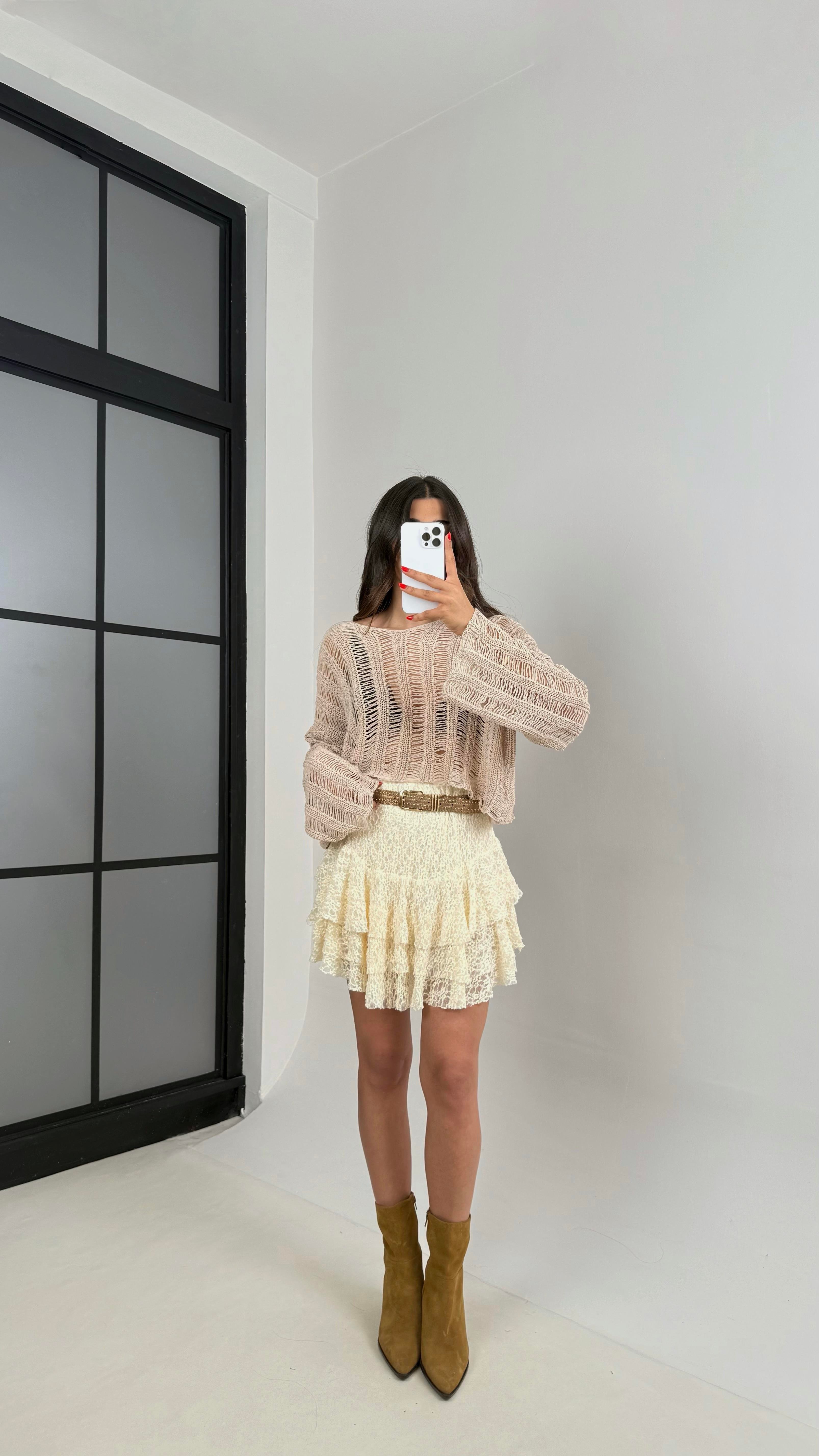 Ekru Kabartmalı Katlı Dantel Şortlu Etek Gaus00494GausETEKGU1002158