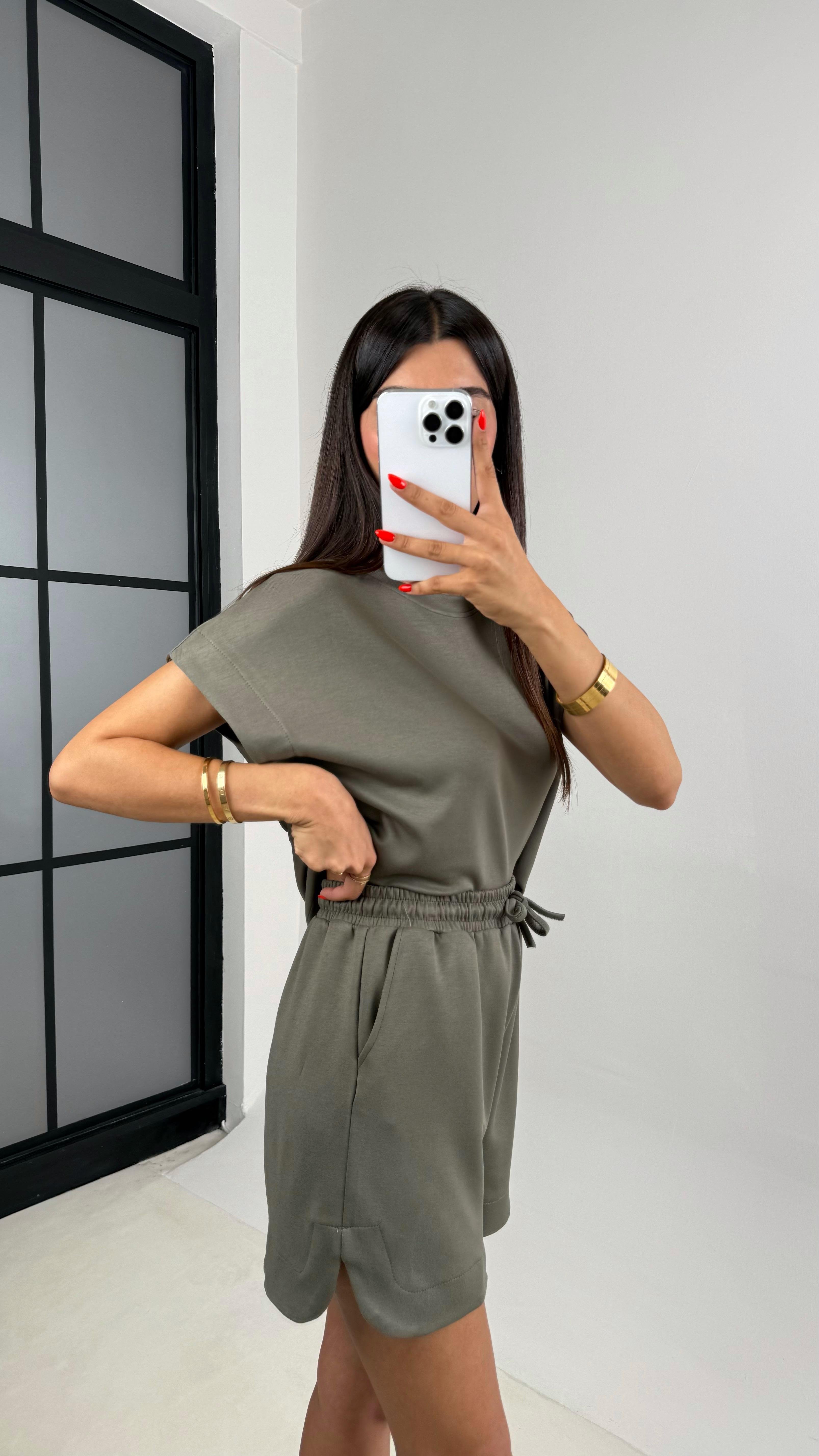 Haki Tshirt Şort İkili Modal Kumaş Takım Gaus00691GausTAKIMGU1002602