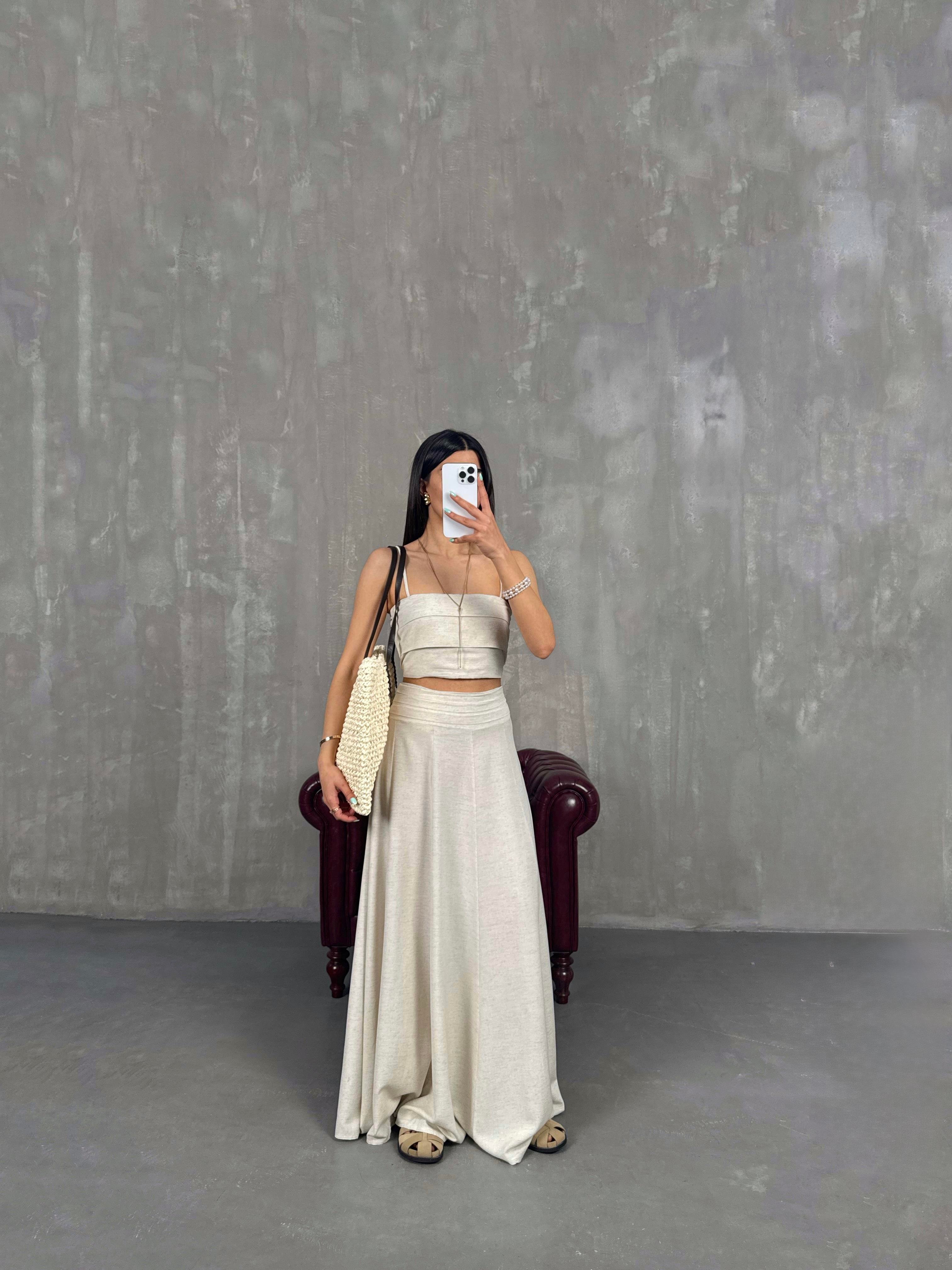 Taş Ayarlanabilir Askılı Straplez Crop Etek İkili Keten Takım Gaus00248GausTAKIMGU1001574