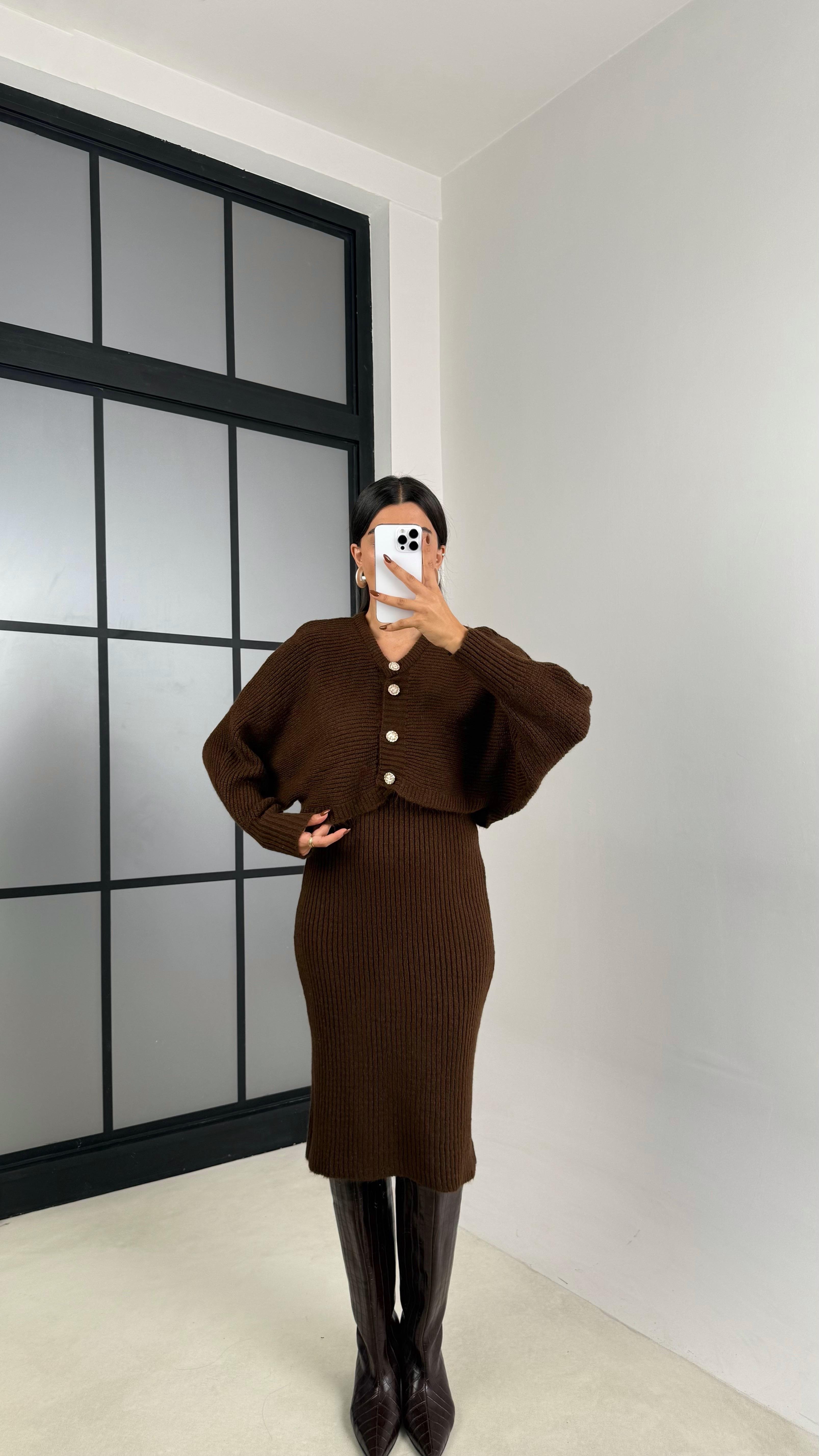 Acı Kahve Hırka Askılı Elbise İkili Triko Takım GAUS-00185GAUSTAKIMGAUS-00185