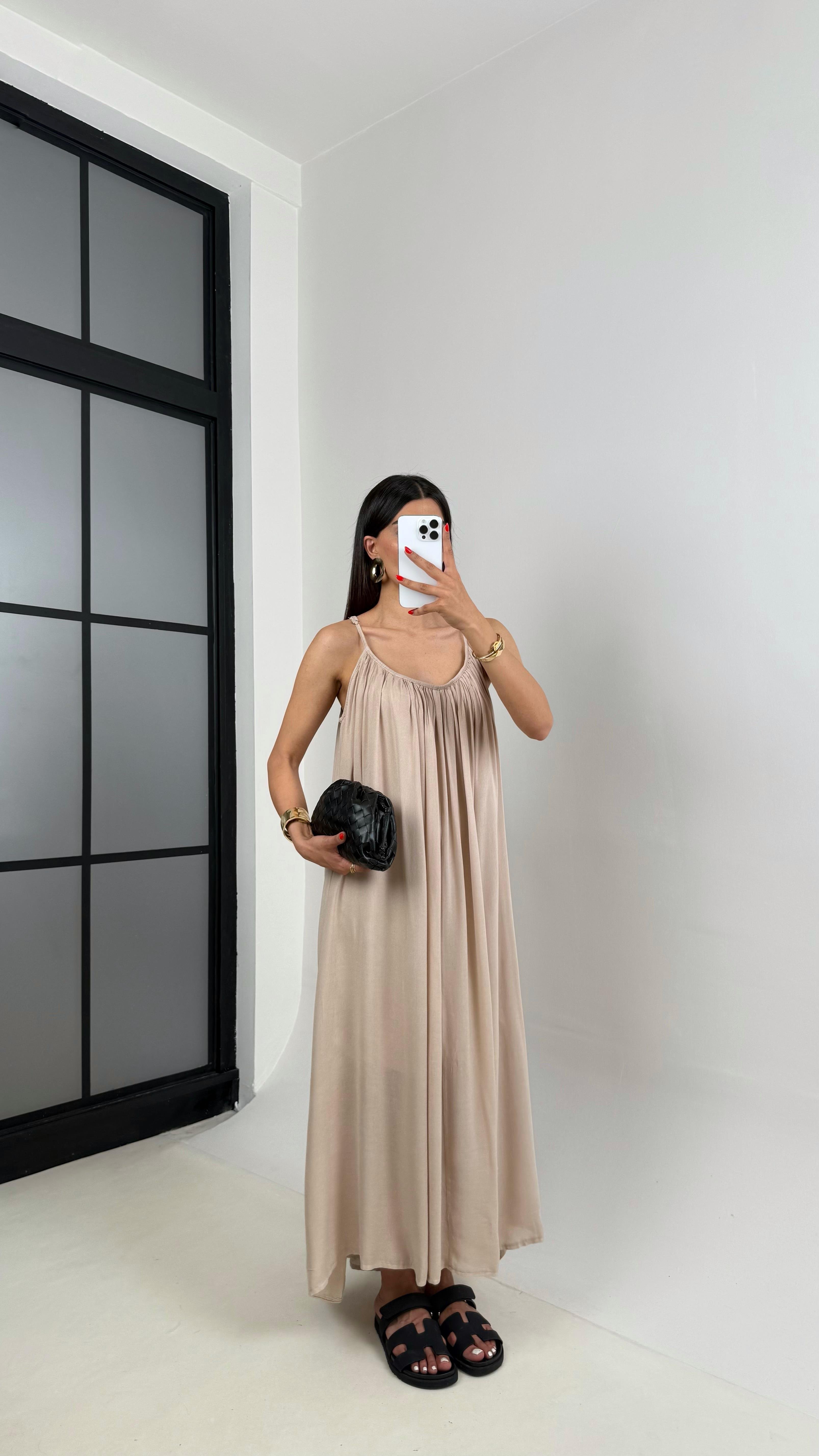 Taş Ayarlanabilir Askılı MD Muadil Astarlı Keten Elbise Gaus00474GausELBİSEGU1002108