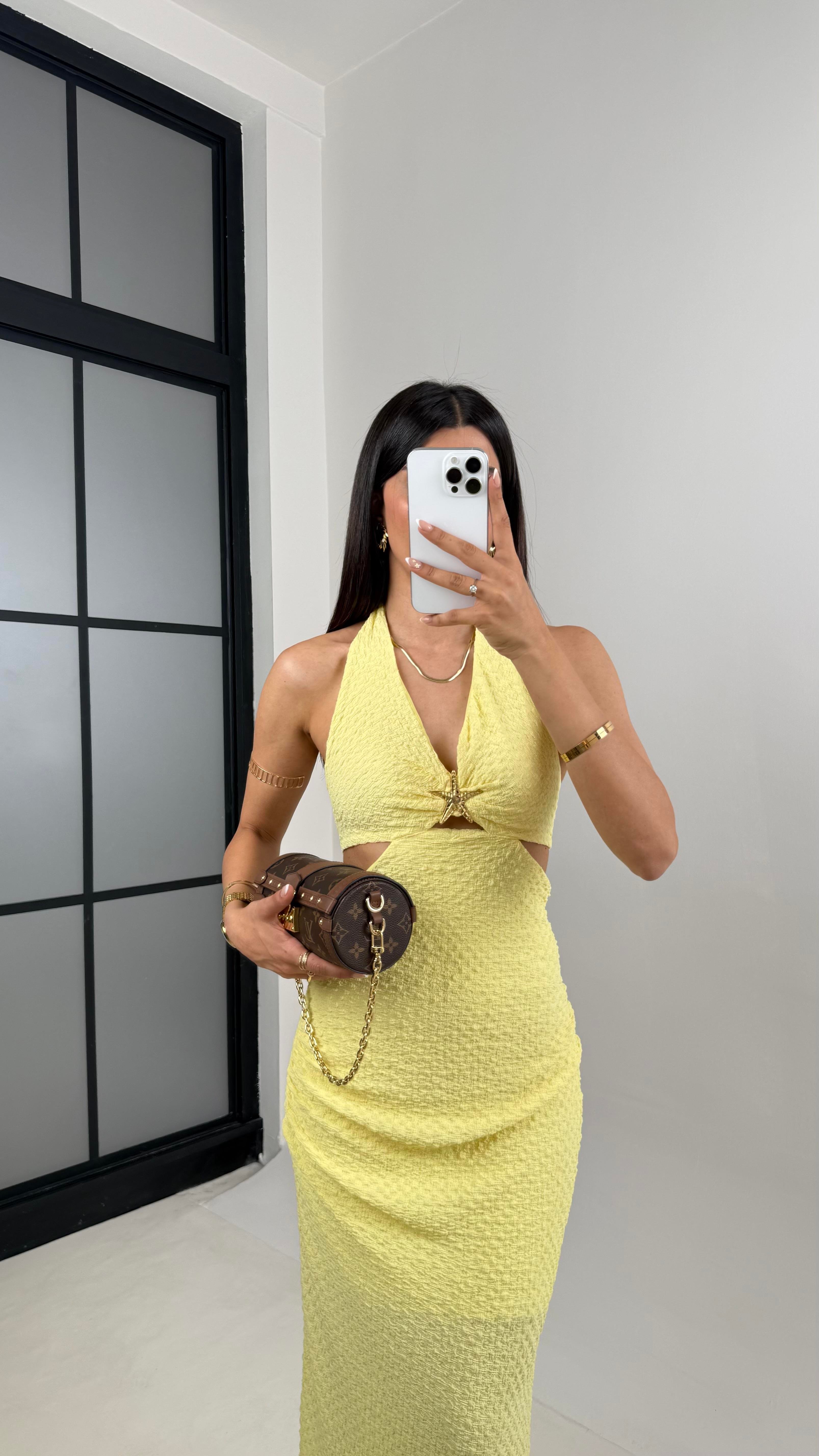 Sarı Boyundan Bağlamalı Astarlı Gold Yıldız Tokalı Dekolteli Bürümcük Elbise Gaus00582GausELBİSEGU1002357