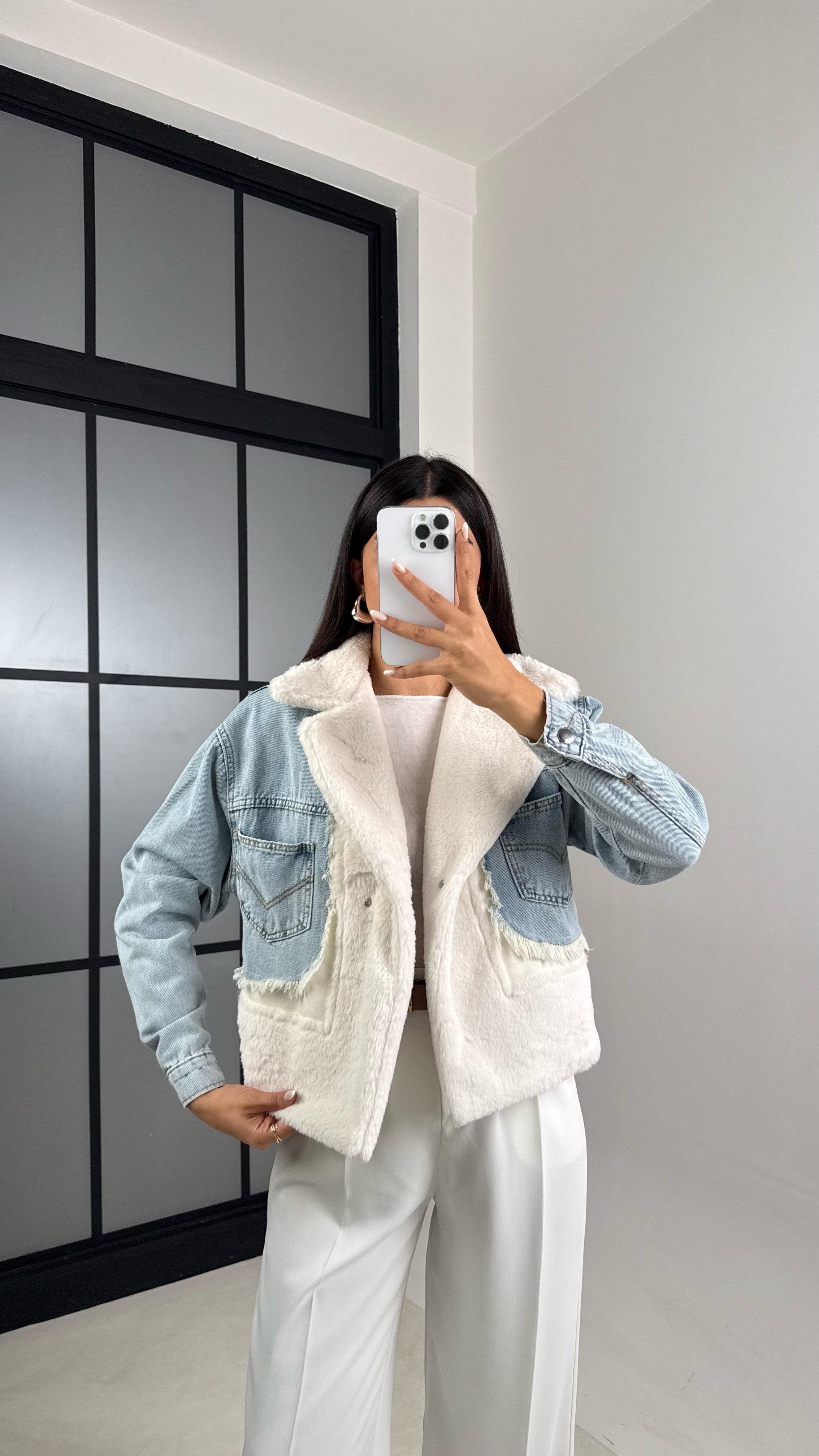 Ekru Denim Detaylı Peluş Ceket GAUS-00583GAUS السترات  GAUS-00583