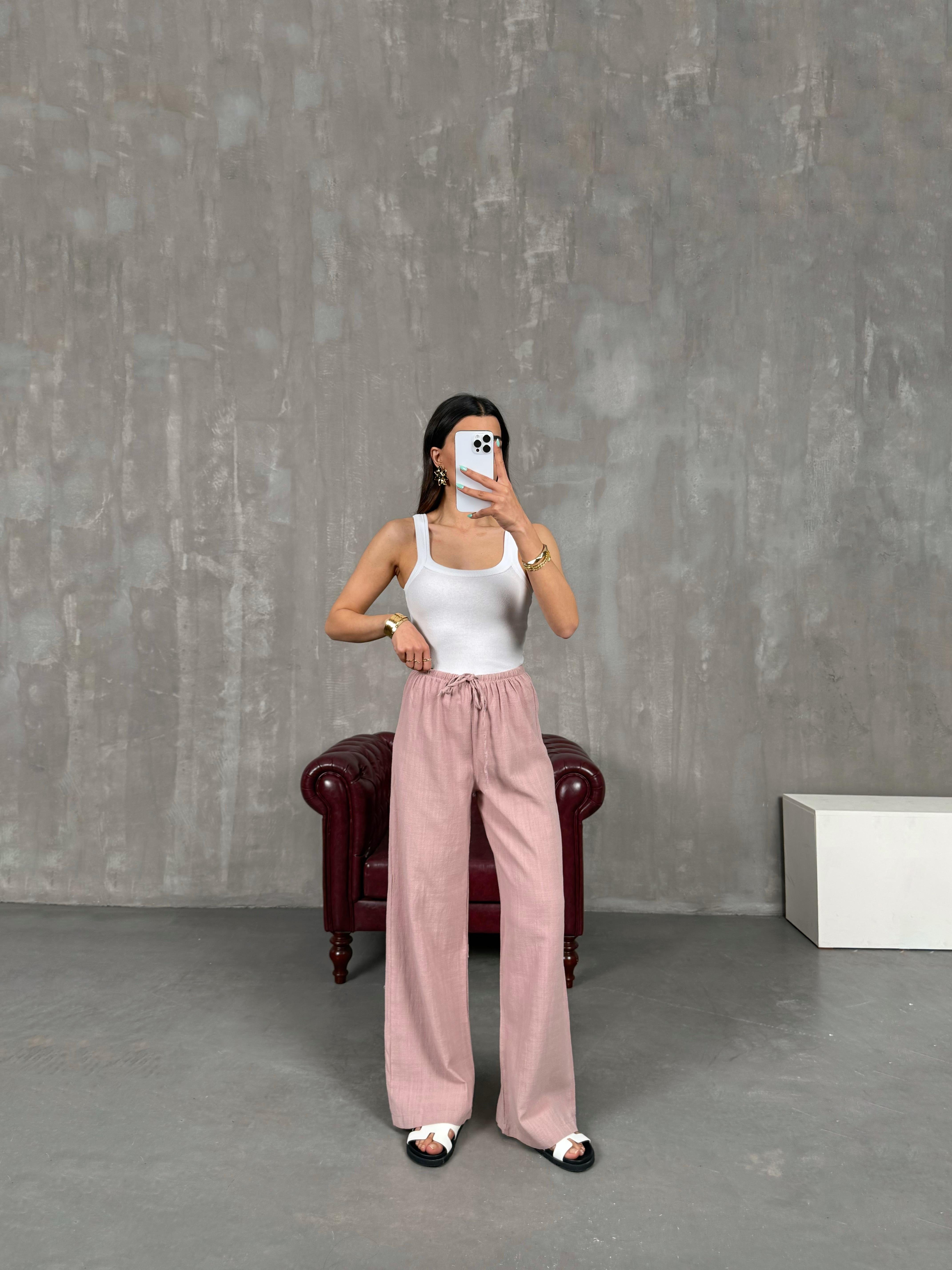 Gül Kurusu Beli Lastikli Keten Pantolon Gaus00237GausPANTOLONGU1001547