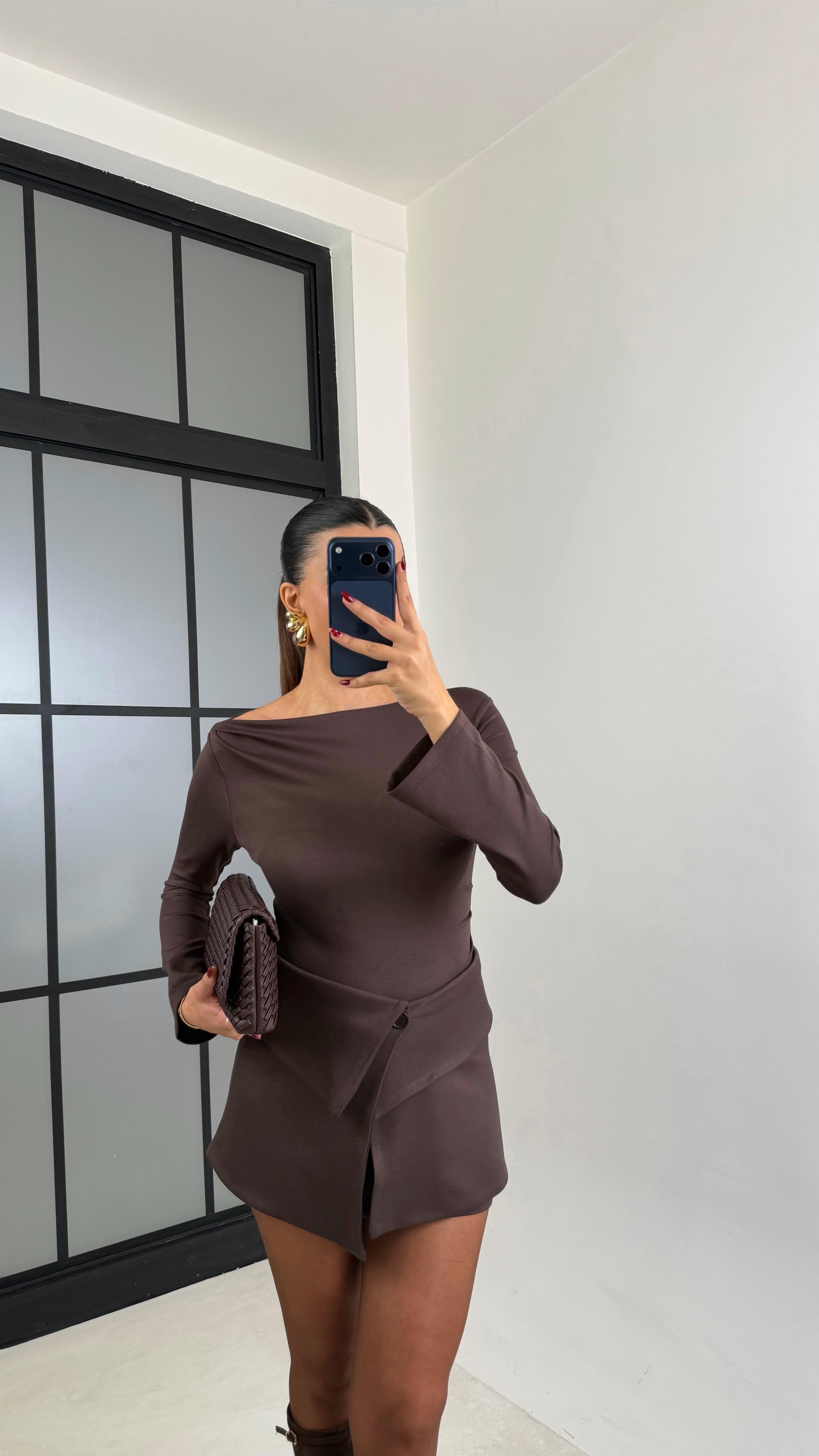 Acı Kahve Mini Elbise Etekli İkili Takım GAUS-00717GAUSTAKIMGAUS-00717