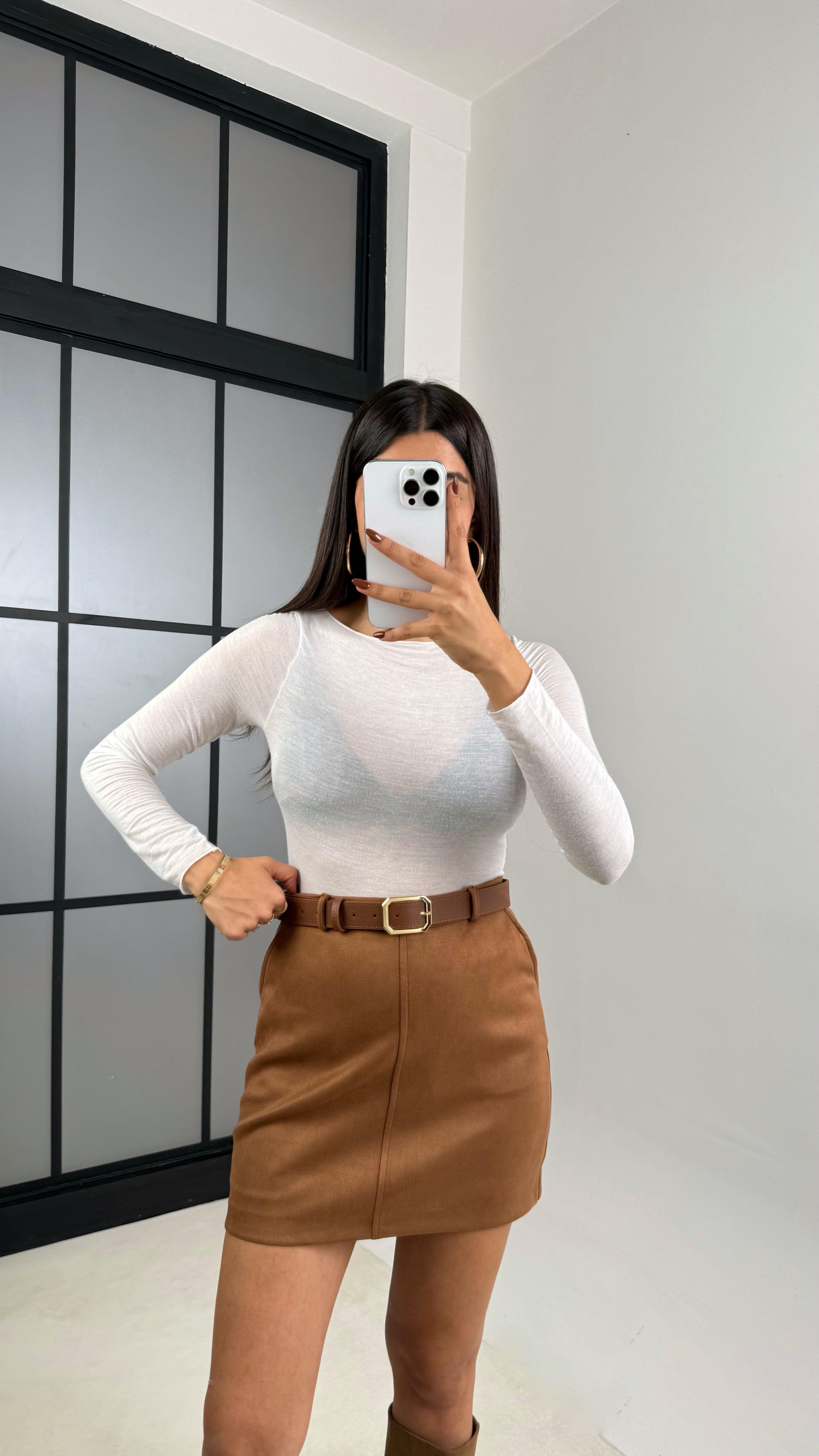 Kahve Kemerli Süet Şort Etek GAUS-00169GAUSETEKGAUS-00169