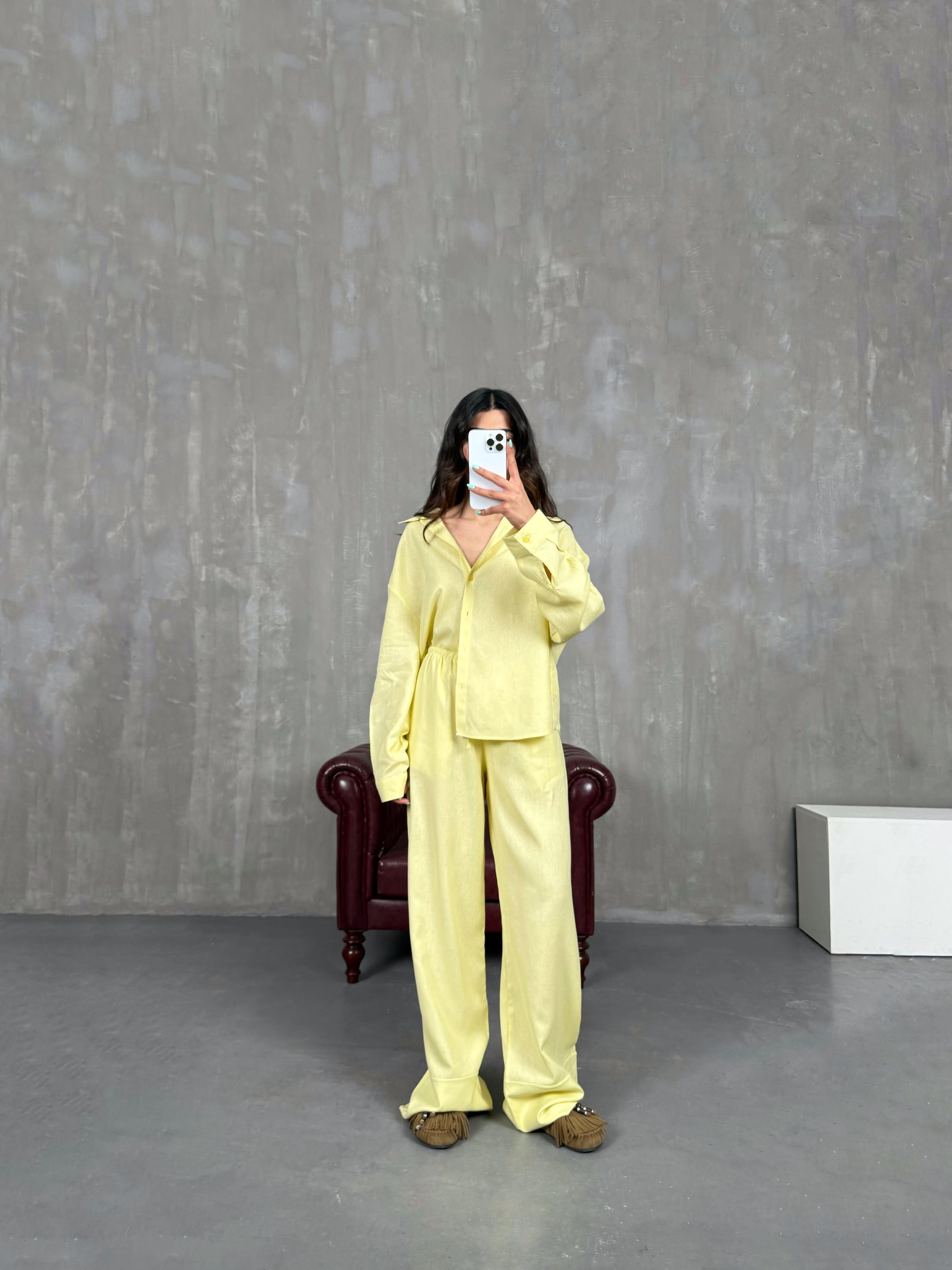 Sarı Beli Lastikli Keten Takım Gaus00224GausTAKIMGU1001515