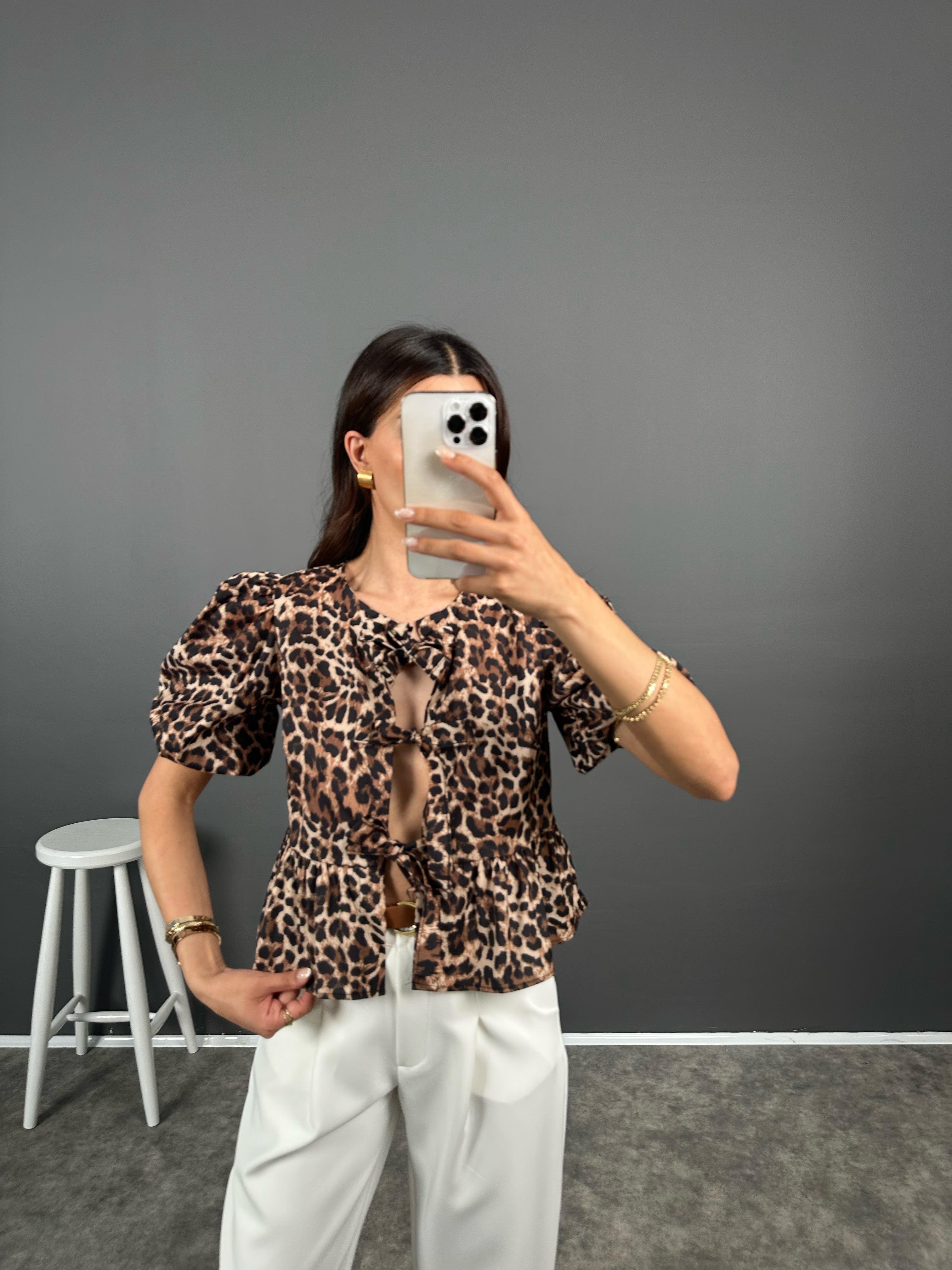 Leoparlı Bağlamalı Balon Kol Gömlek GausGÖMLEKGU008339