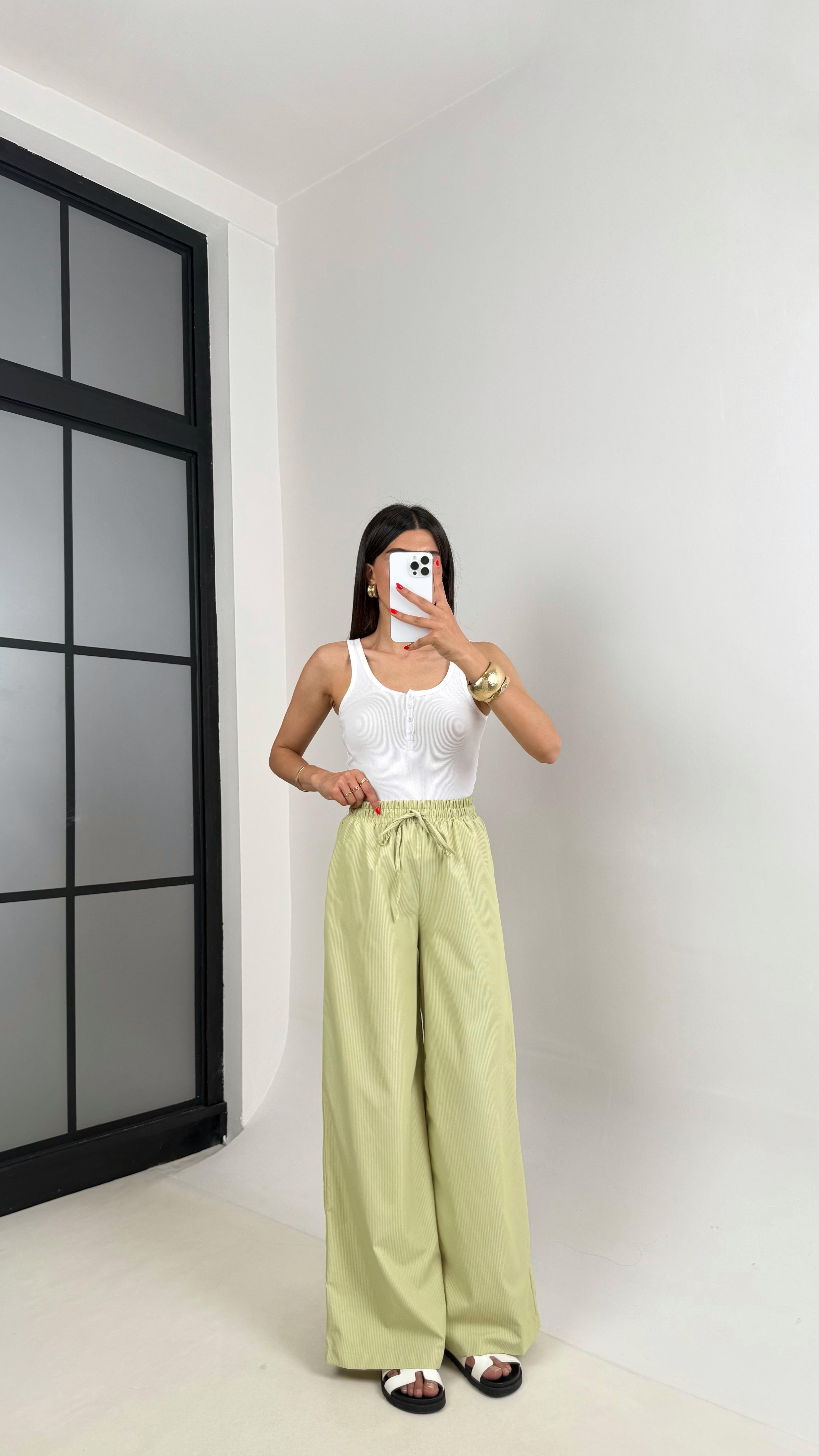 Yeşil Beli Lastikli Çizgili Paraşüt Kumaş Pantolon Gaus00499GausPANTOLONGU1002170