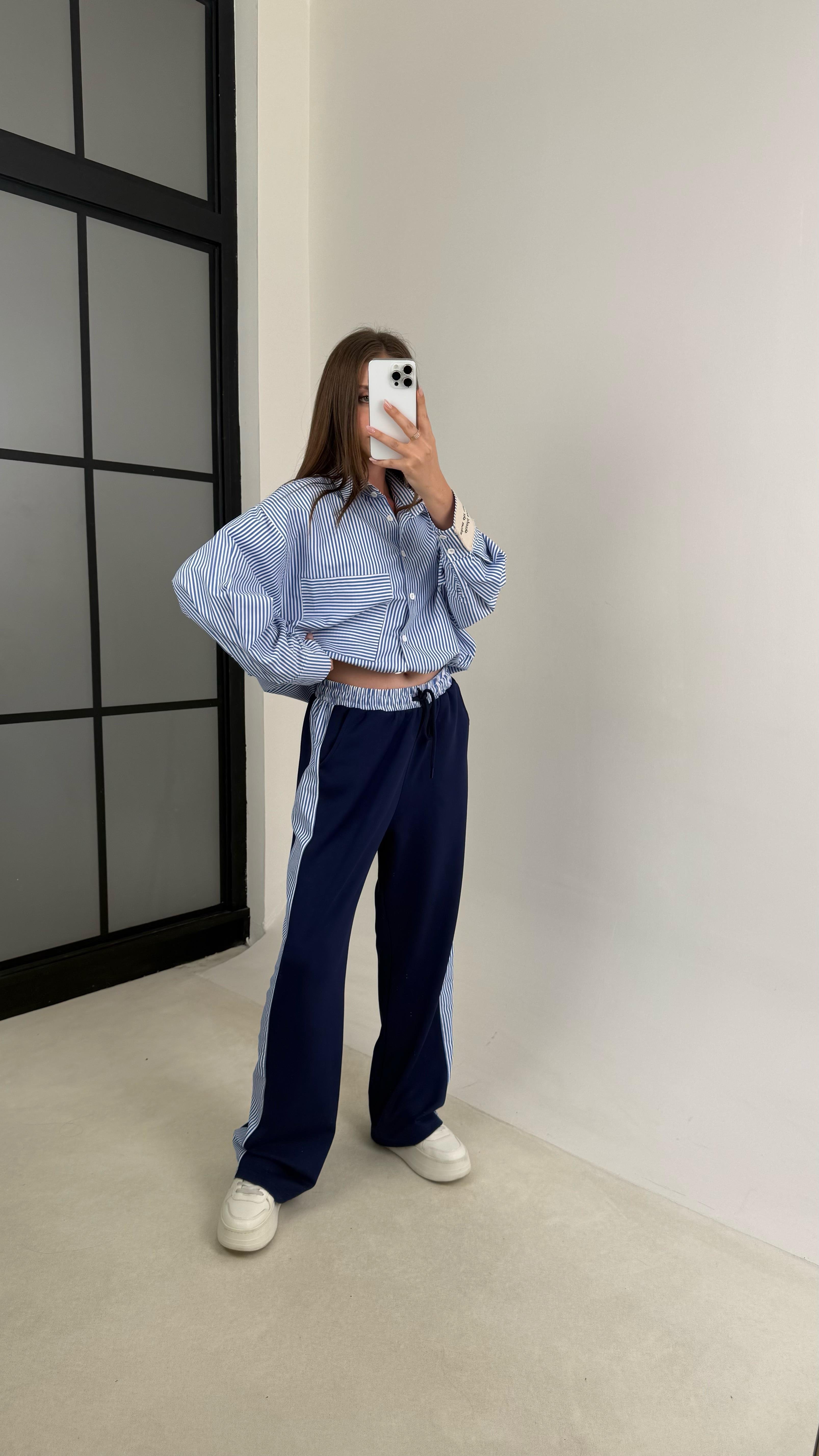 Mavi Çizgili Gömlek Manşet Detaylı  Beli Lastikli Pantolon İkili Tasarım Takım GAUS-00122GAUSTAKIMGAUS-00122