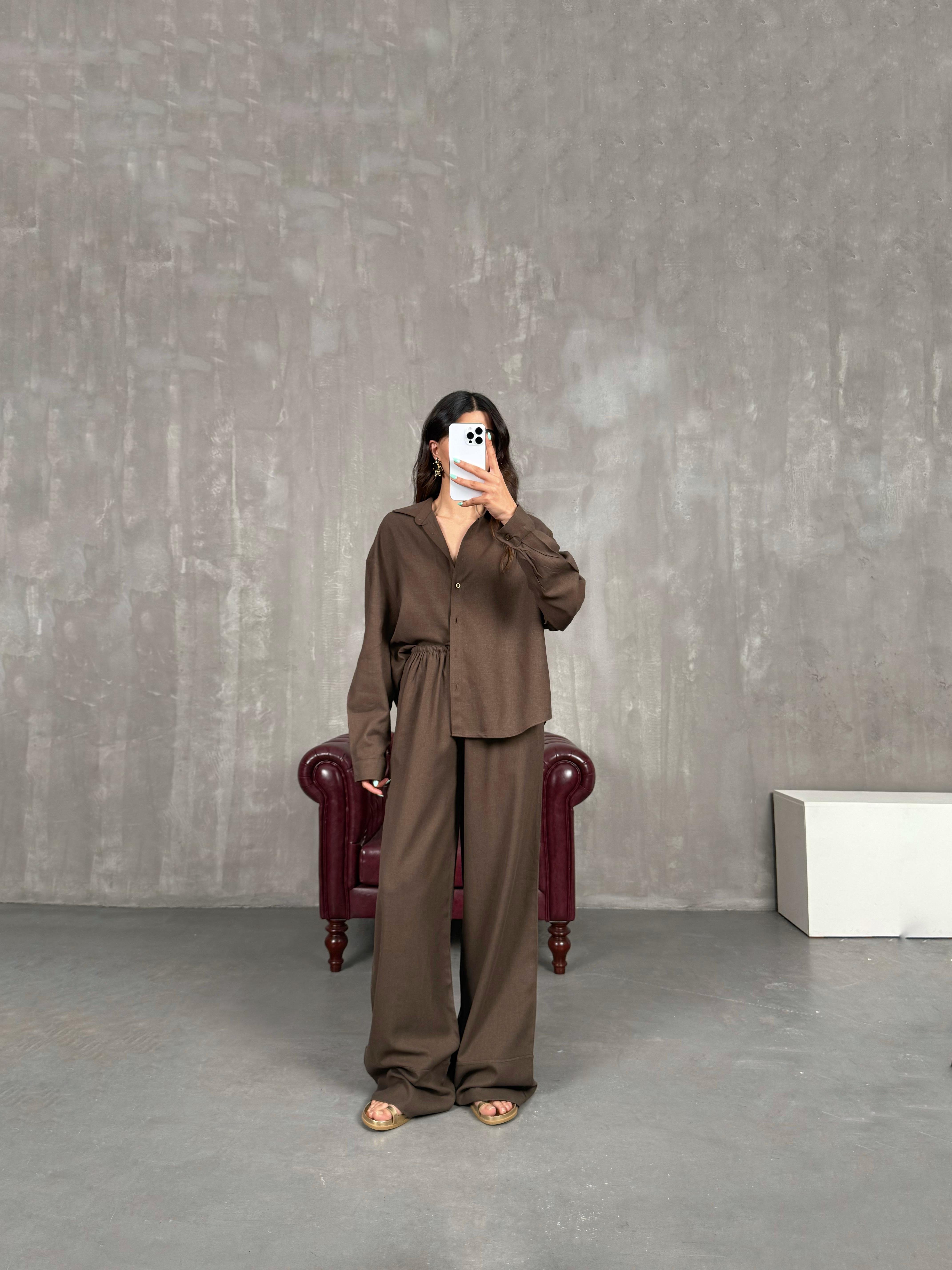 Acı Kahve Beli Lastikli Keten Takım Gaus00224GausTAKIMGU1001517