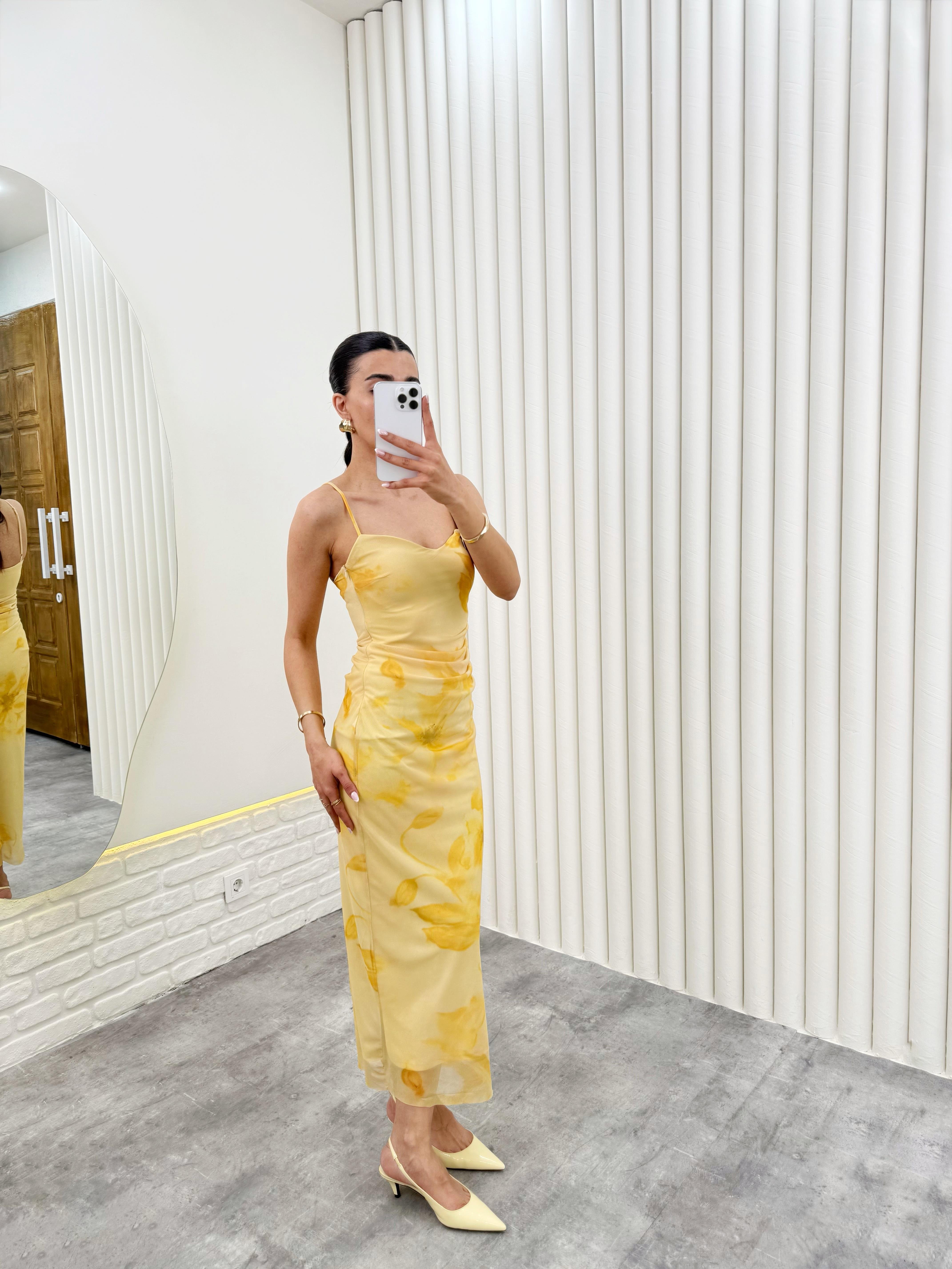 Sarı Çiçek Baskılı Astarlı Ayarlanabilir Askılı Tül Elbise Gaus00291GausELBİSEGU1001674