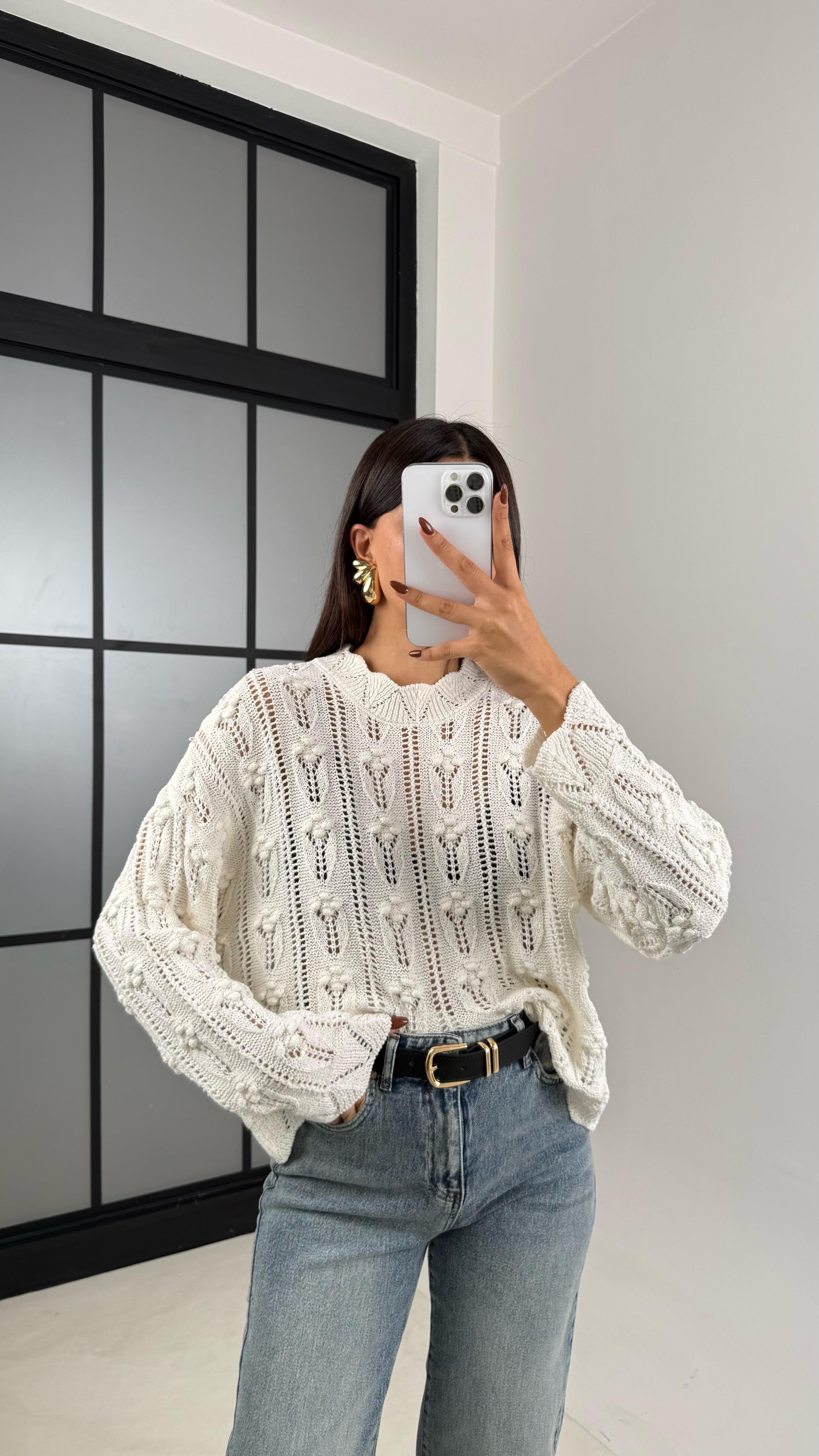 Ekru Ajurlu Örme Kazak GAUS-00177GAUS الكنزات GAUS-00177